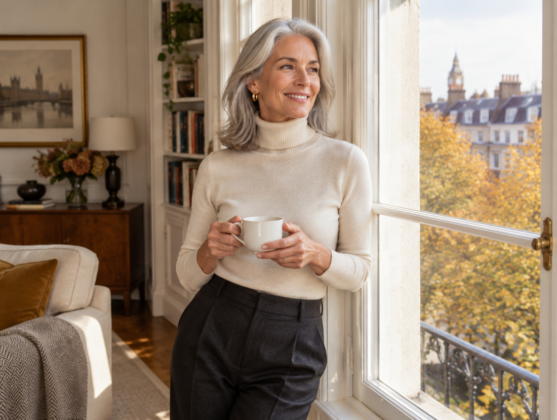 Smiling woman in a cream turtleneck jumper by a window in autumn
