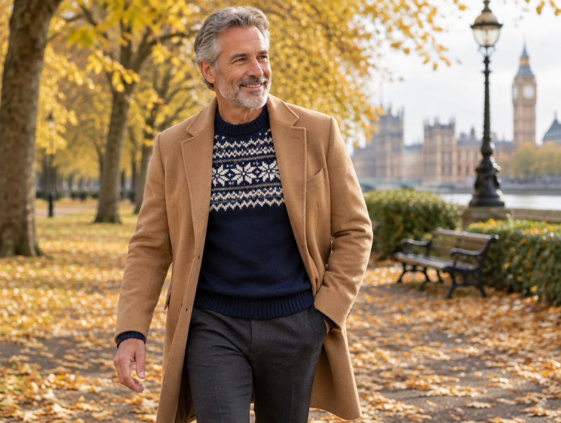 Man in a Nordic pattern jumper and camel coat walking through a London park