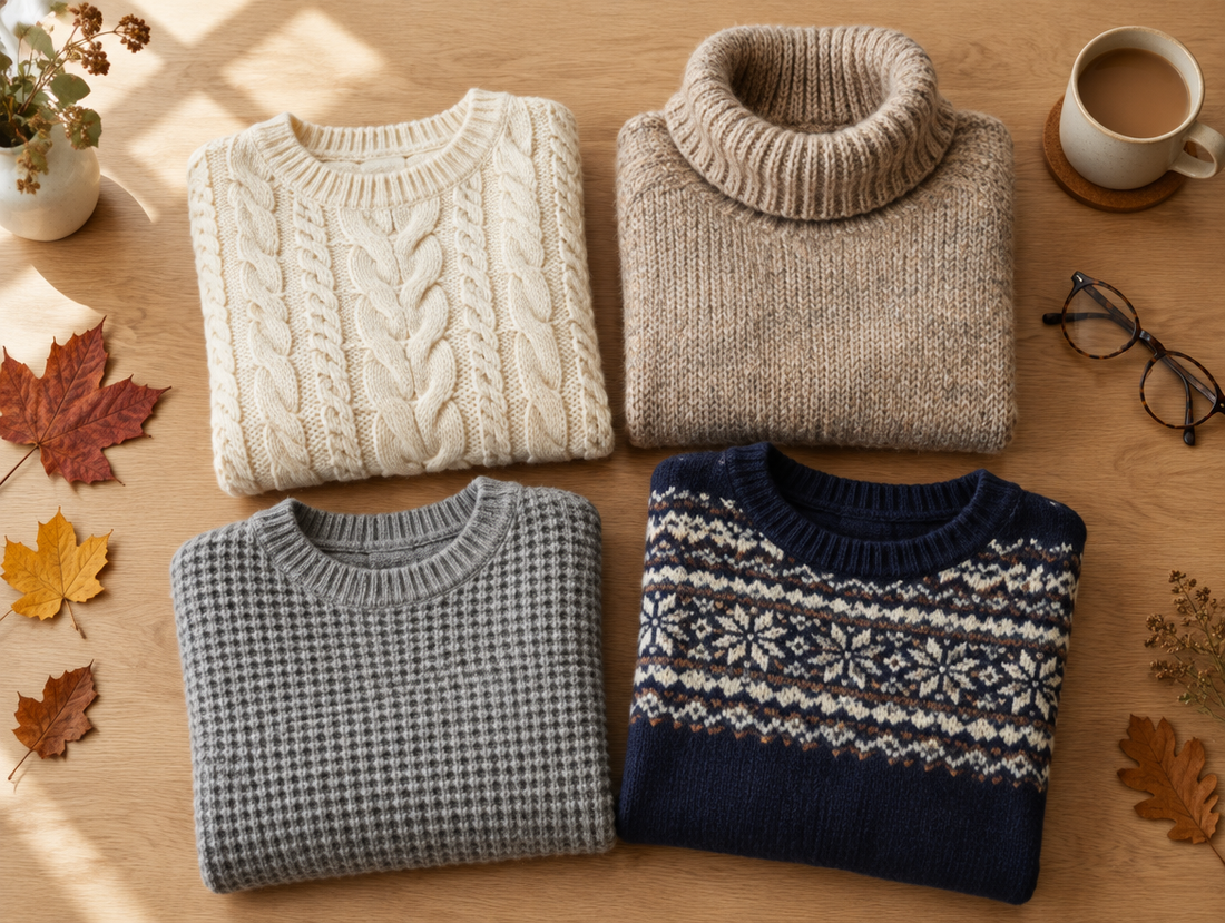 Four folded jumpers: cable, chunky, waffle and Fair Isle knit