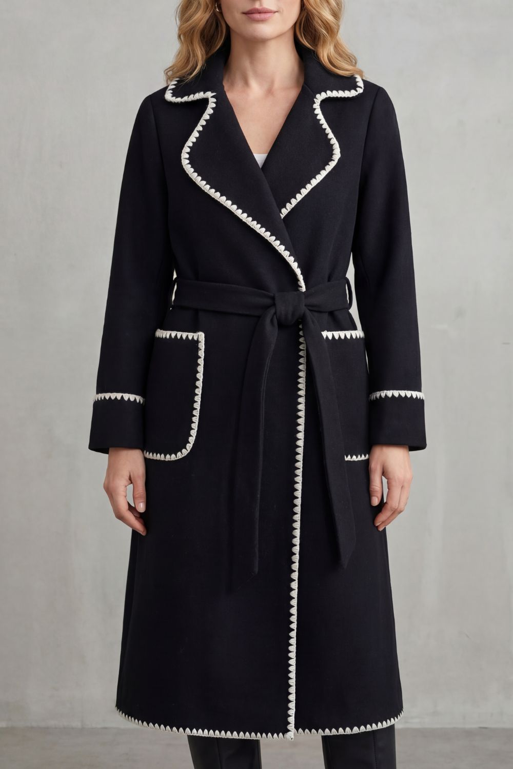 Longline Belted Coat With Contrast Trim, Women's Winter Style