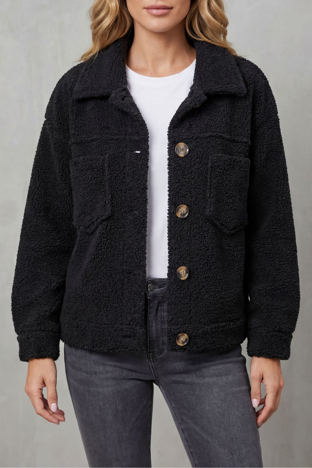 Women's Textured Fleece Jacket - Button-Up Style, Sizes S-3XL