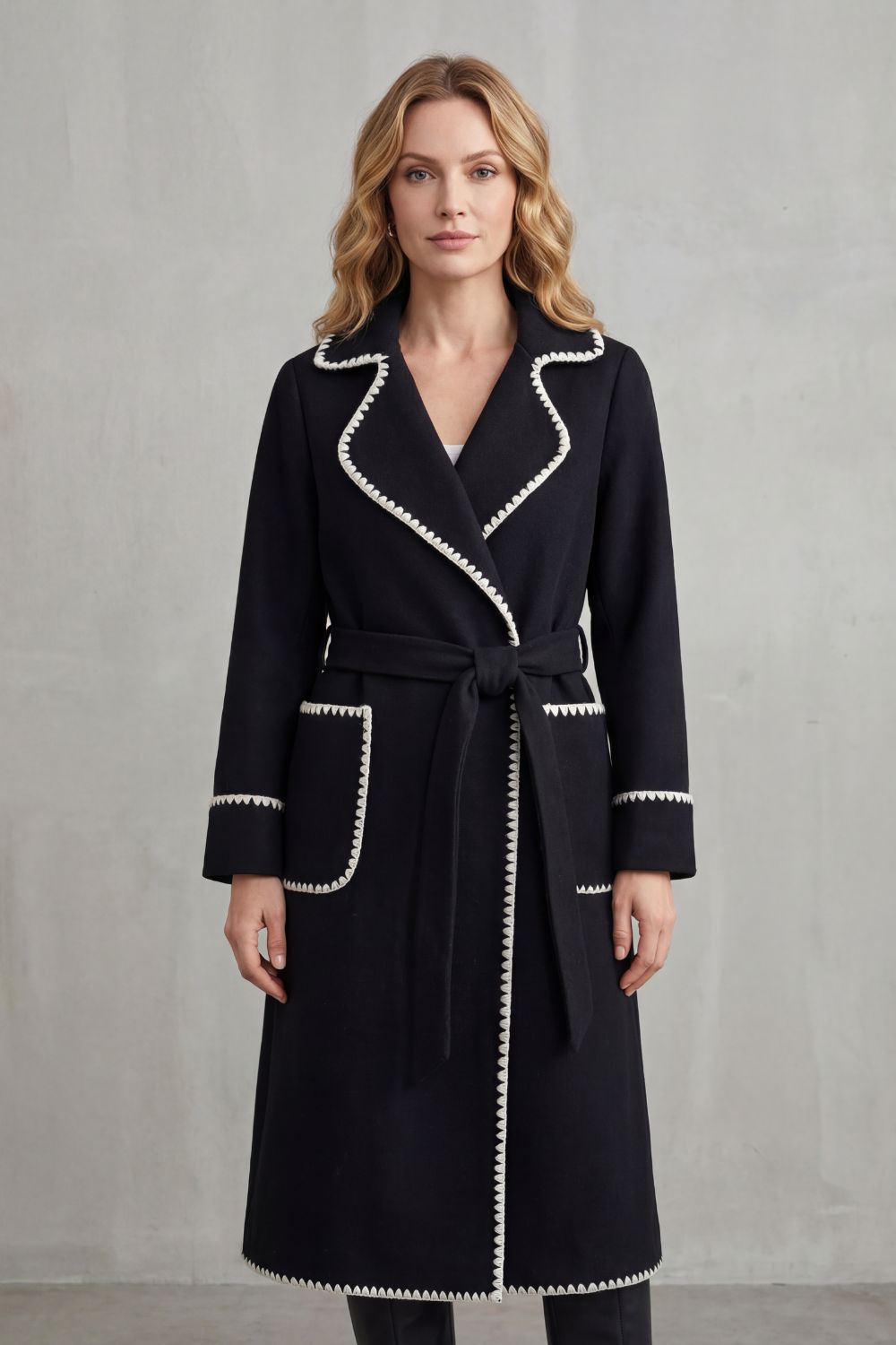 Longline Belted Coat With Contrast Trim, Women's Winter Style — view 2 of 8