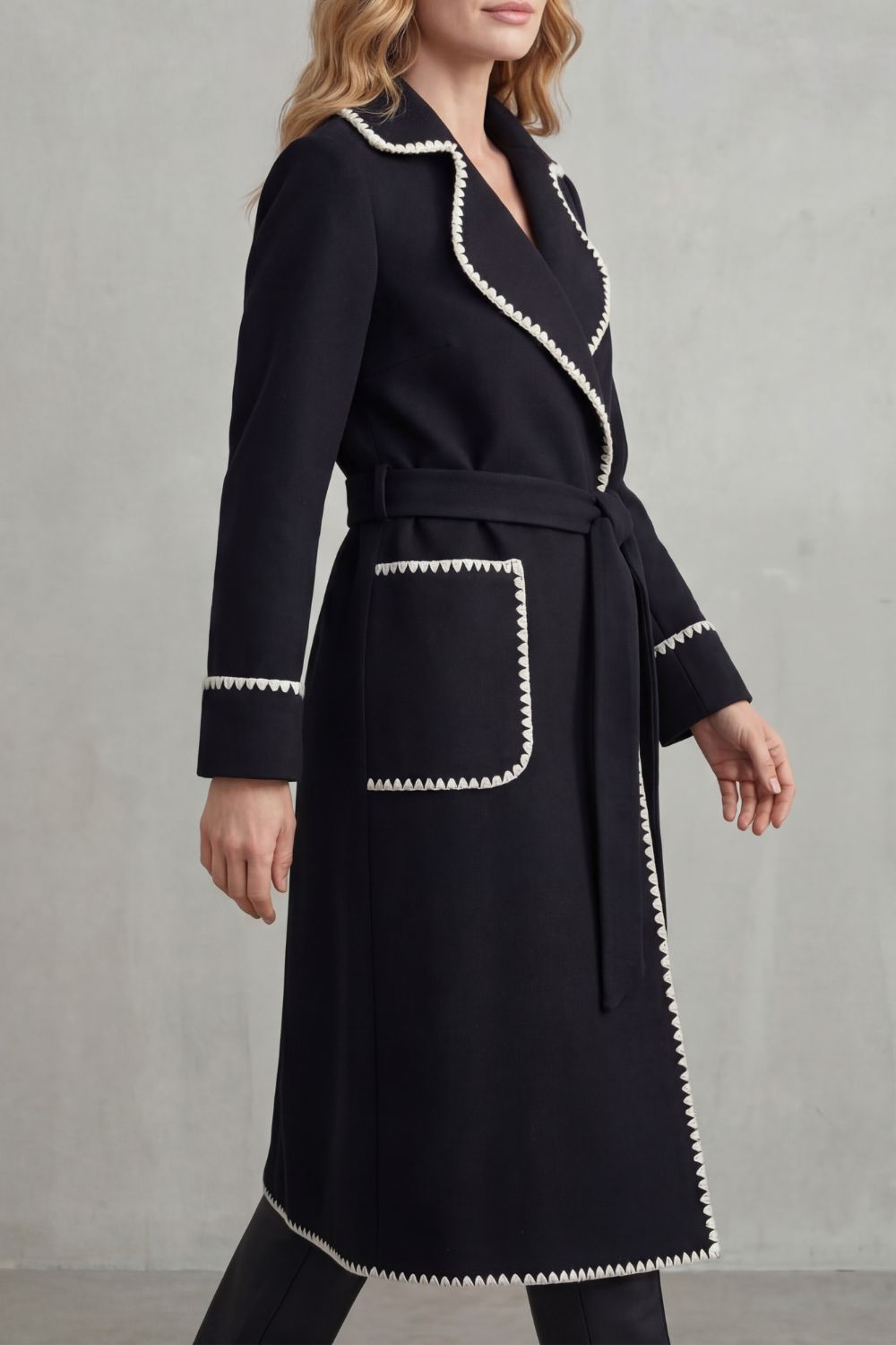 Longline Belted Coat With Contrast Trim, Women's Winter Style — view 3 of 8