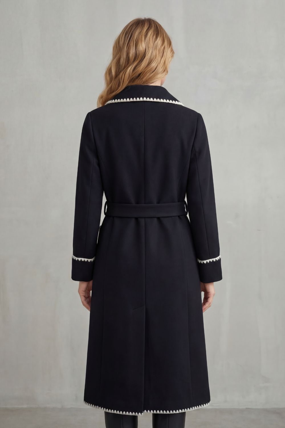 Longline Belted Coat With Contrast Trim, Women's Winter Style — view 4 of 8