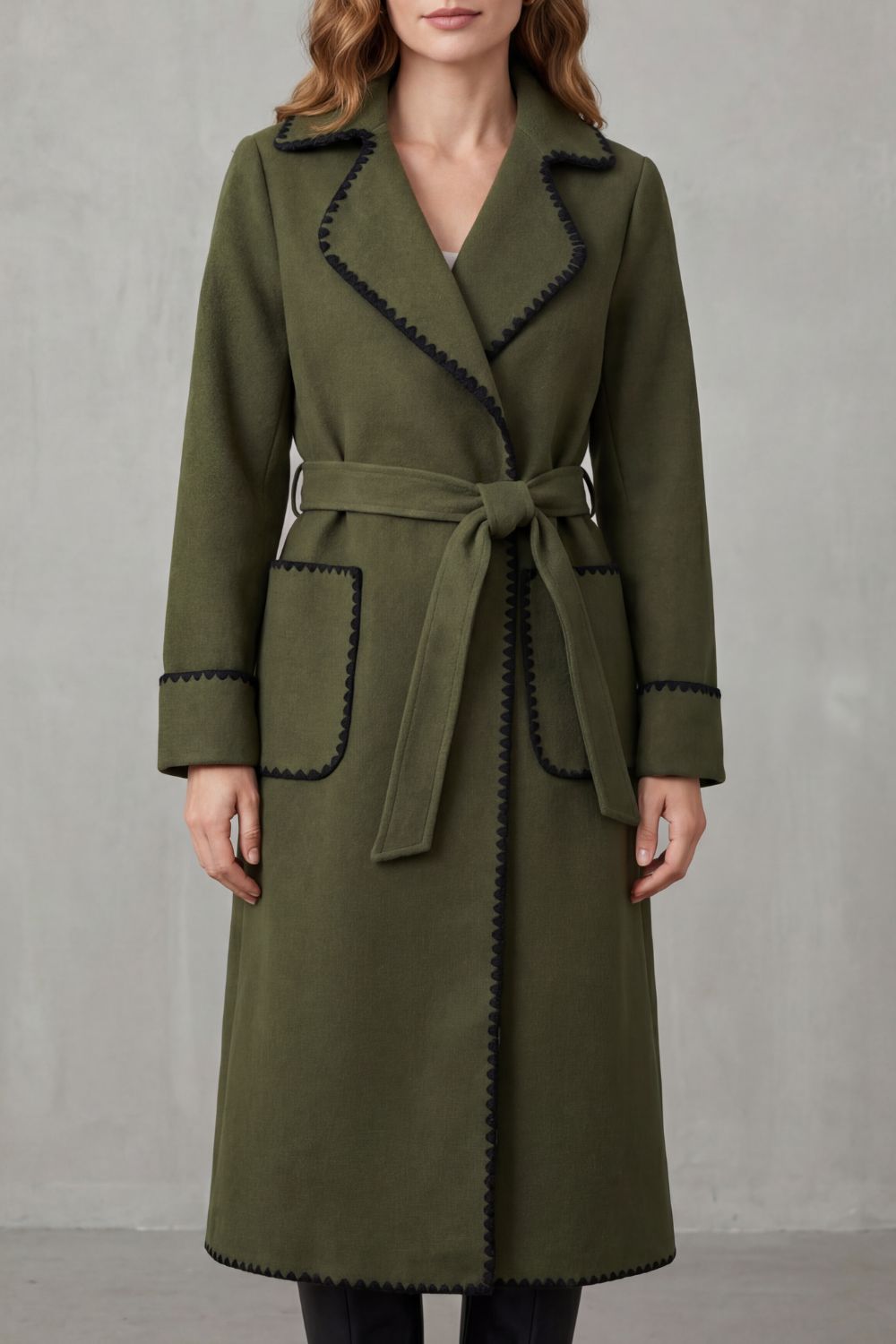 Longline Belted Coat With Contrast Trim, Women's Winter Style — view 8 of 8