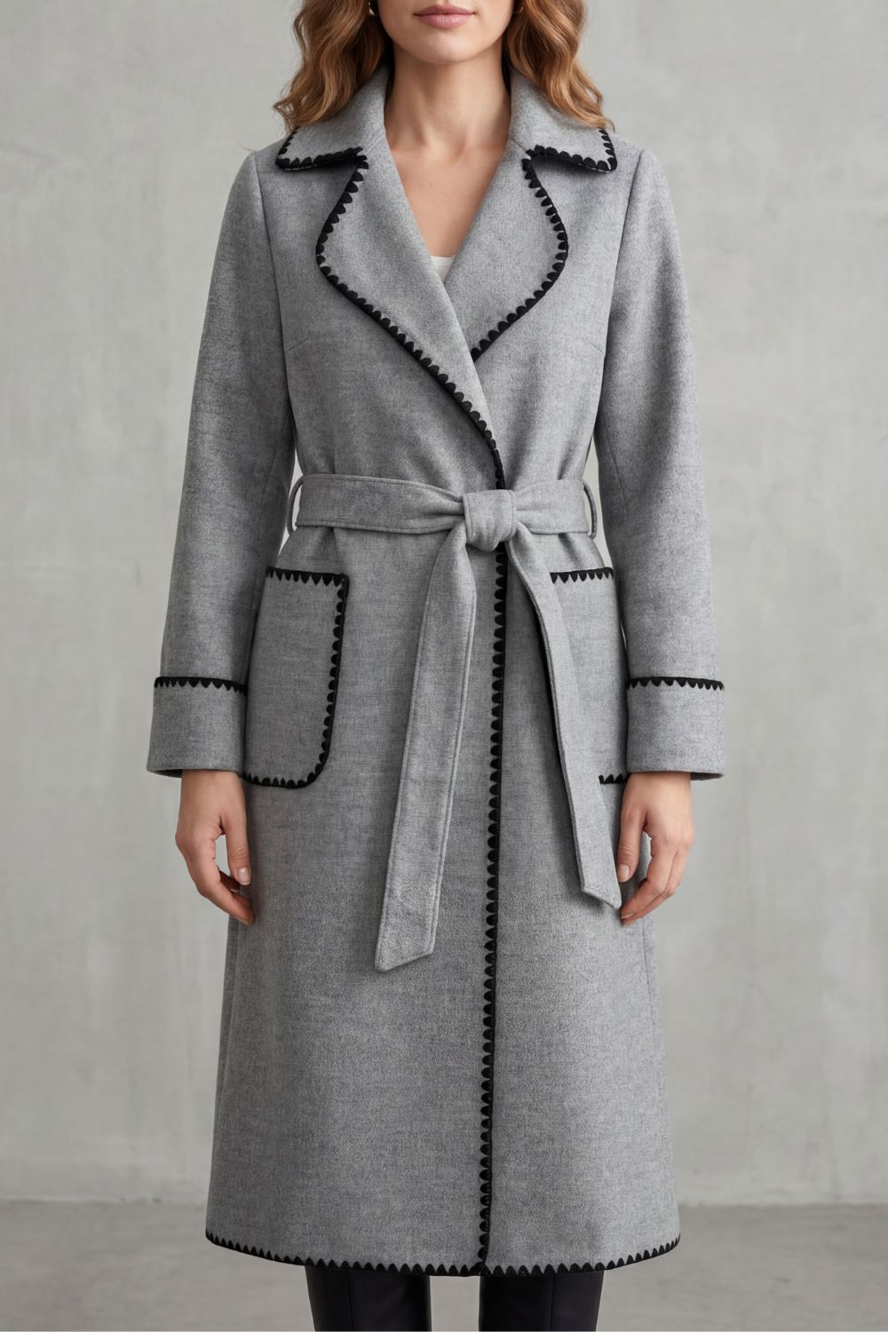 Longline Belted Coat With Contrast Trim, Women's Winter Style — view 6 of 8