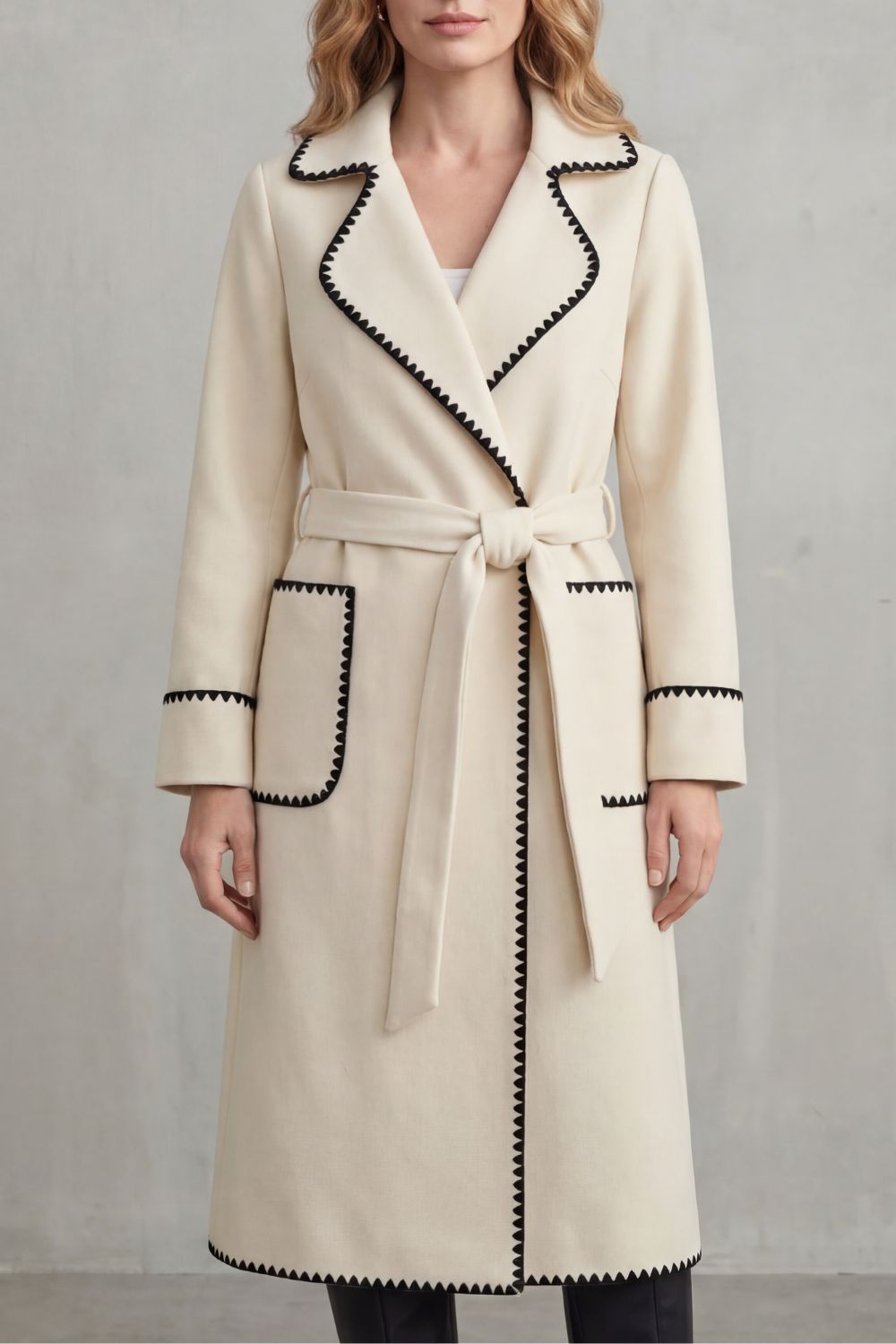 Longline Belted Coat With Contrast Trim, Women's Winter Style — view 7 of 8