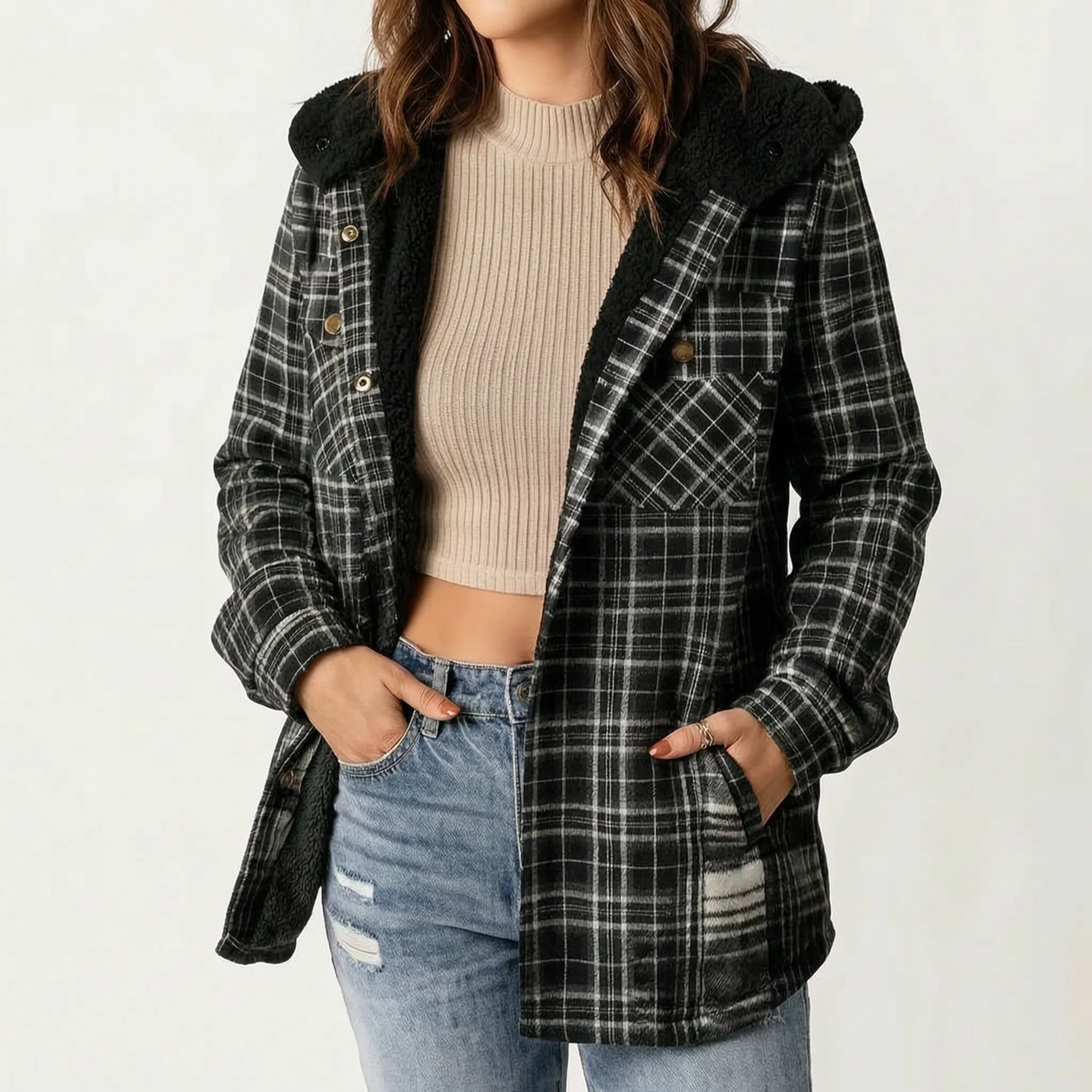 Amirok  - Relaxed Checked Pocket Detail Shacket Autumn Walks