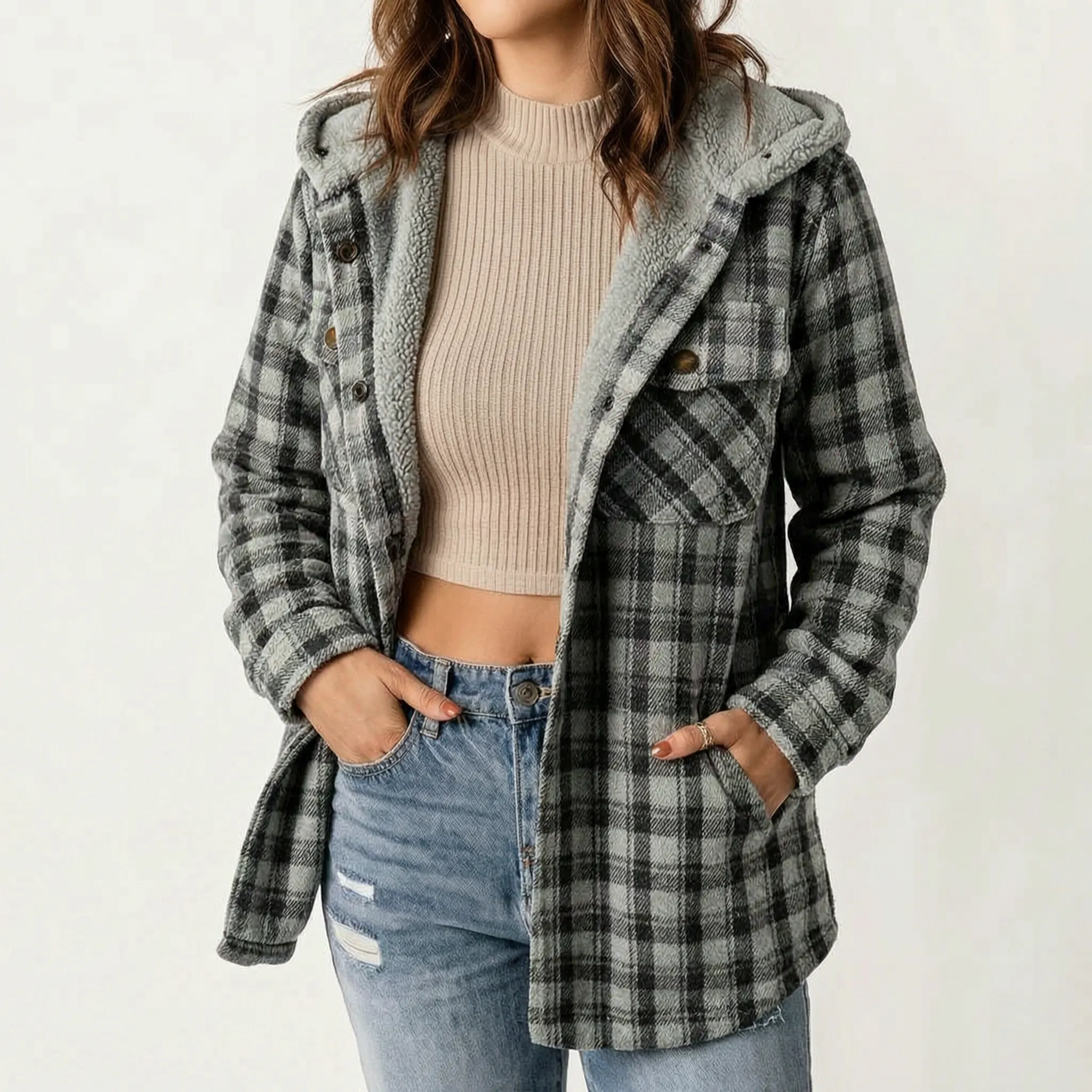 Amirok  - Relaxed Checked Pocket Detail Shacket Autumn Walks