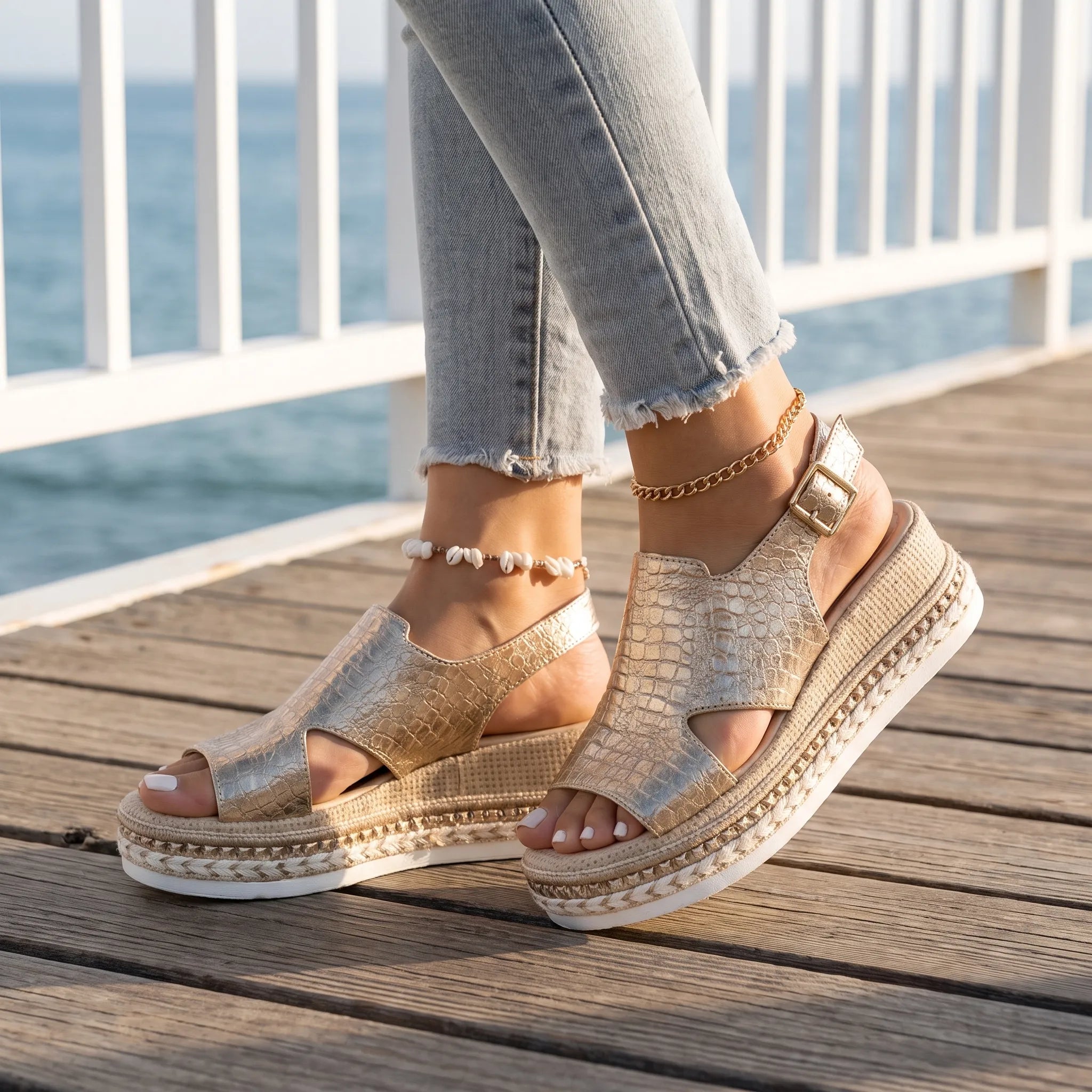 AstraWedge - Metallic Espadrille Wedge Sandals Everyday Walking