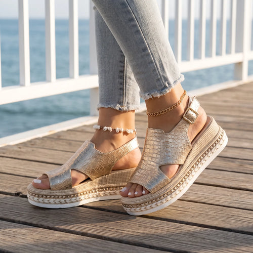 AstraWedge - Metallic Espadrille Wedge Sandals Everyday Walking