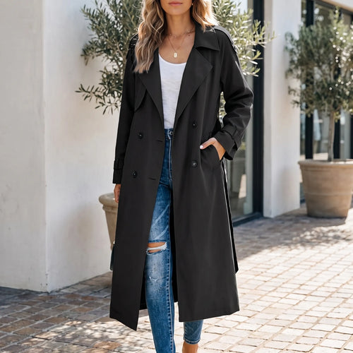 Averia - Long Double-Breasted Trench Coat Transitional Weather Layering
