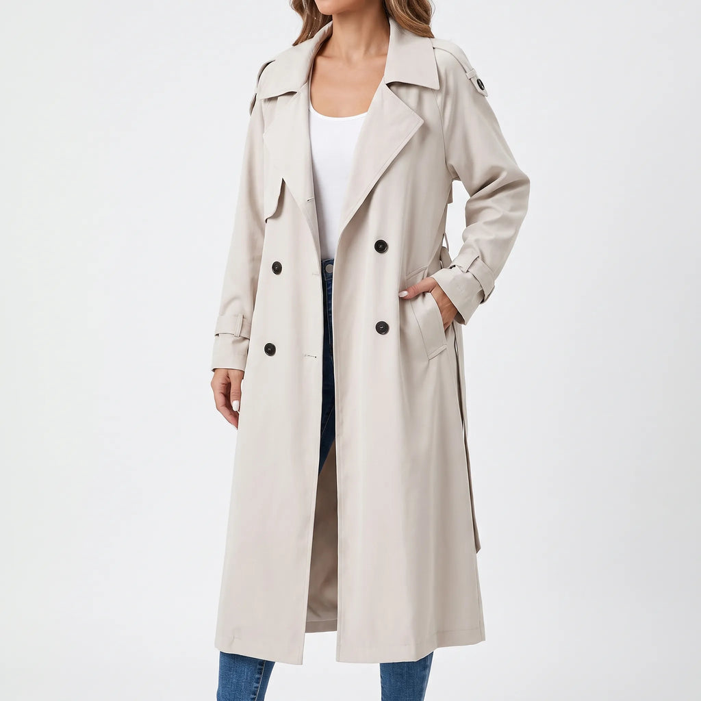 Averia - Long Double-Breasted Trench Coat Transitional Weather Layering