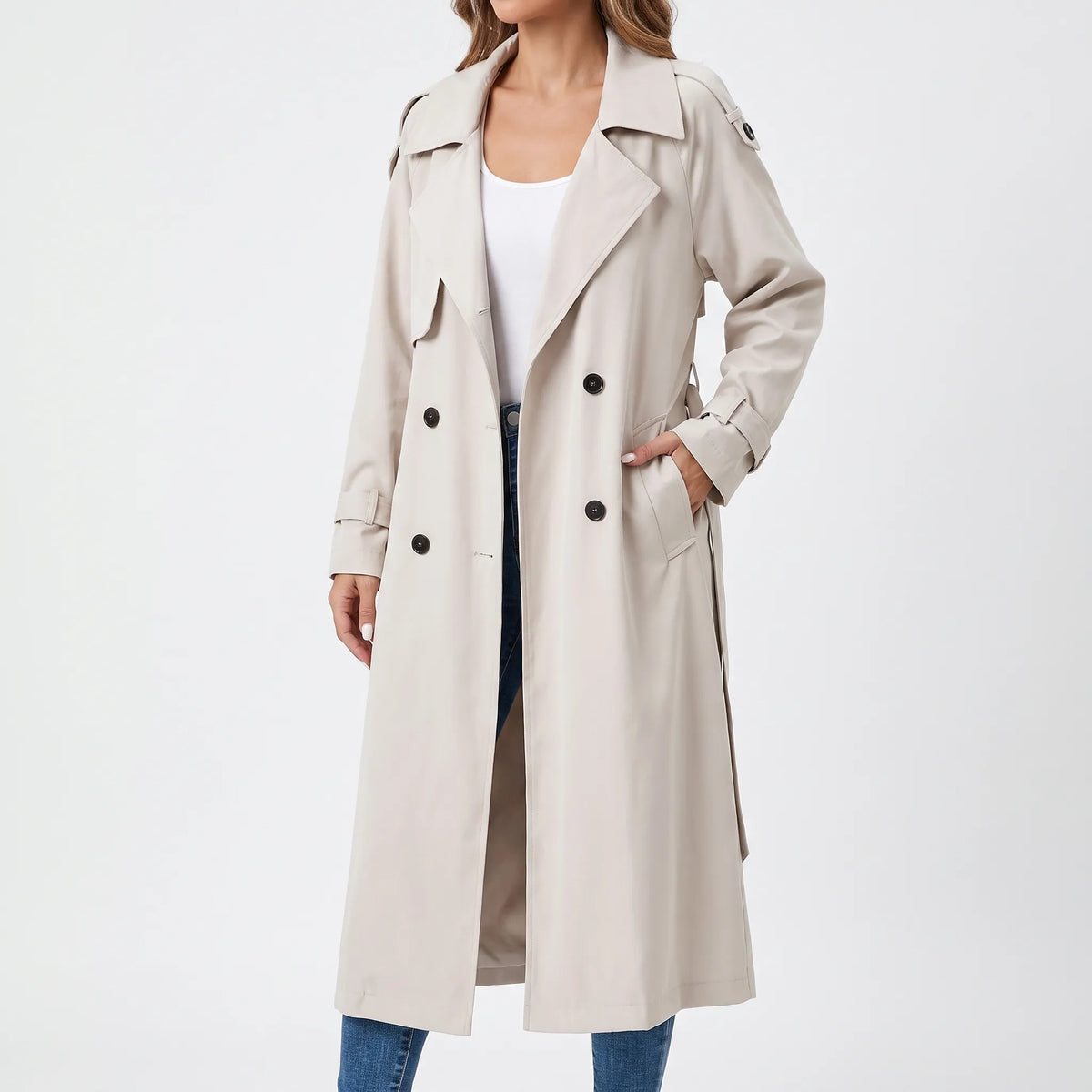 Averia - Long Double-Breasted Trench Coat Transitional Weather Layering