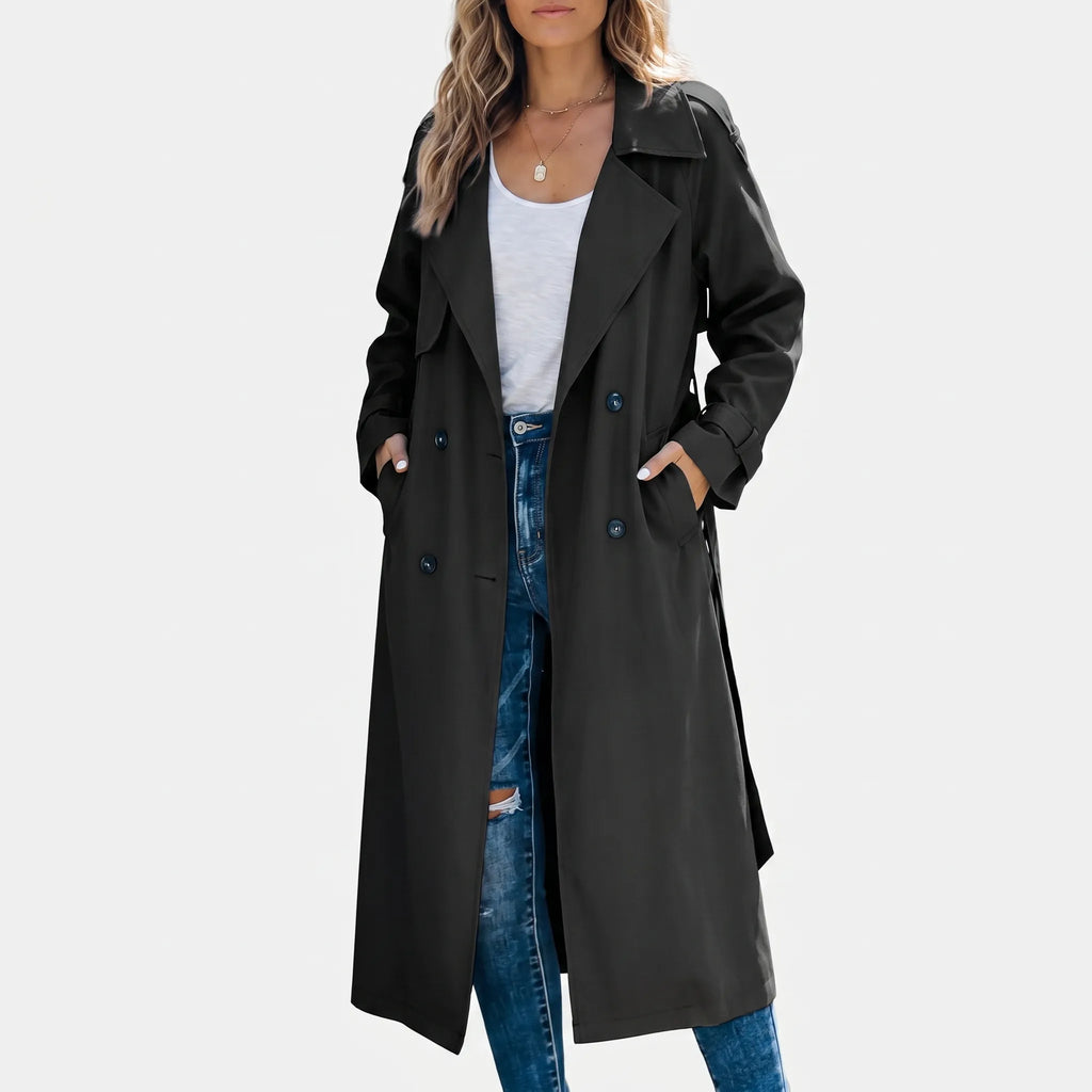 Averia - Long Double-Breasted Trench Coat Transitional Weather Layering
