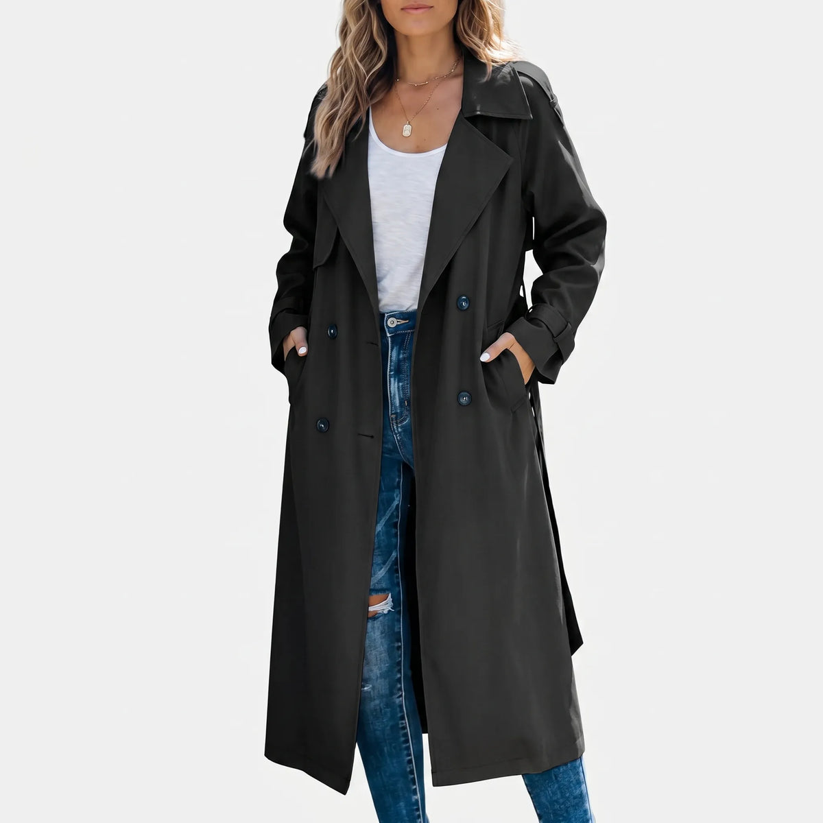Averia - Long Double-Breasted Trench Coat Transitional Weather Layering