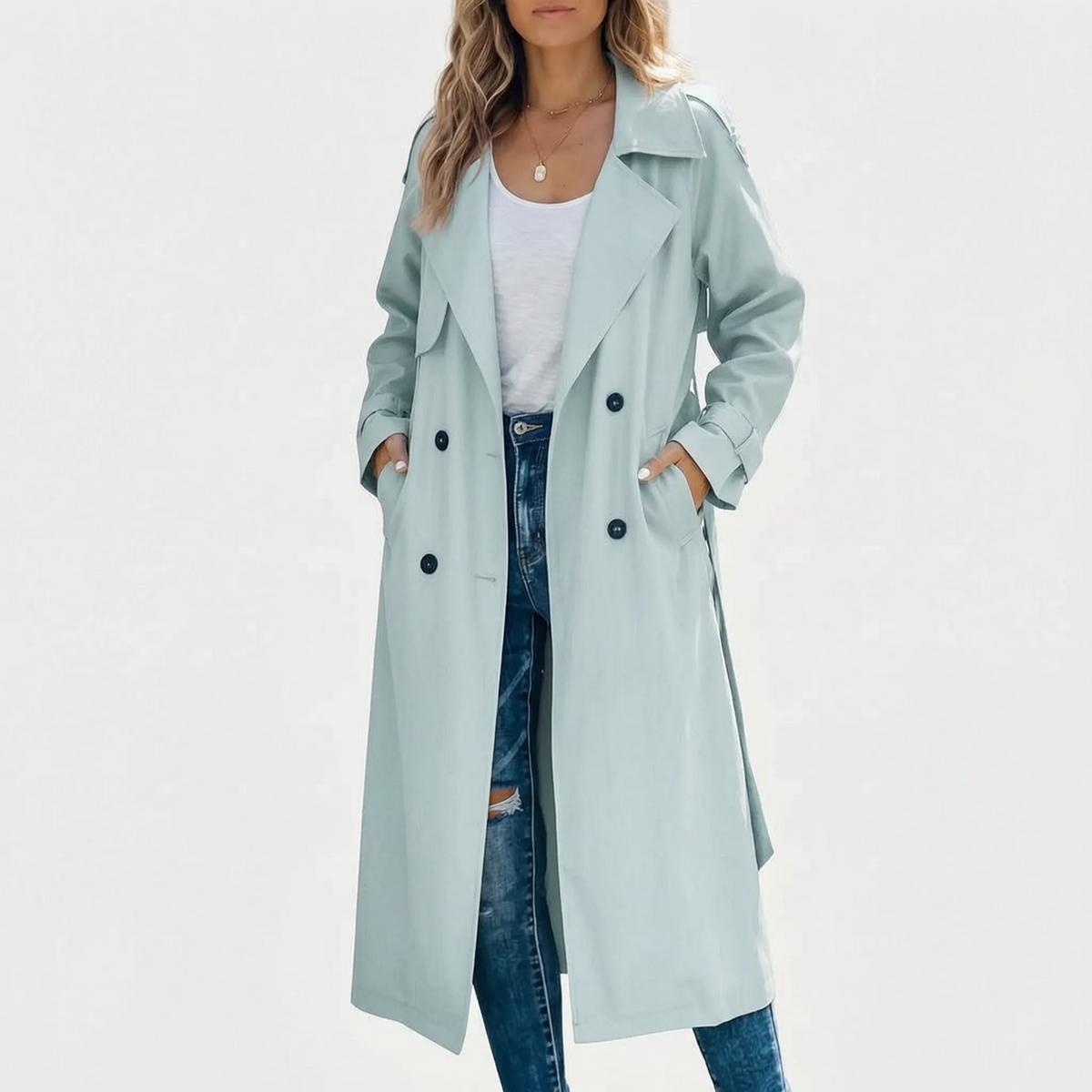 Averia - Long Double-Breasted Trench Coat Transitional Weather Layering