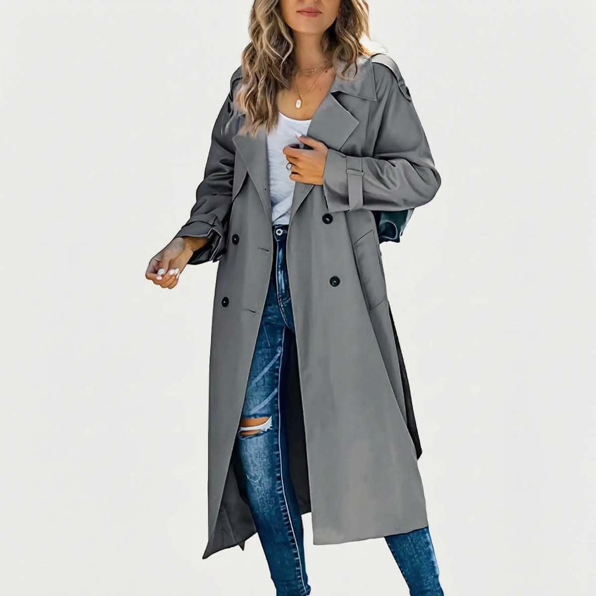 Averia - Long Double-Breasted Trench Coat Transitional Weather Layering
