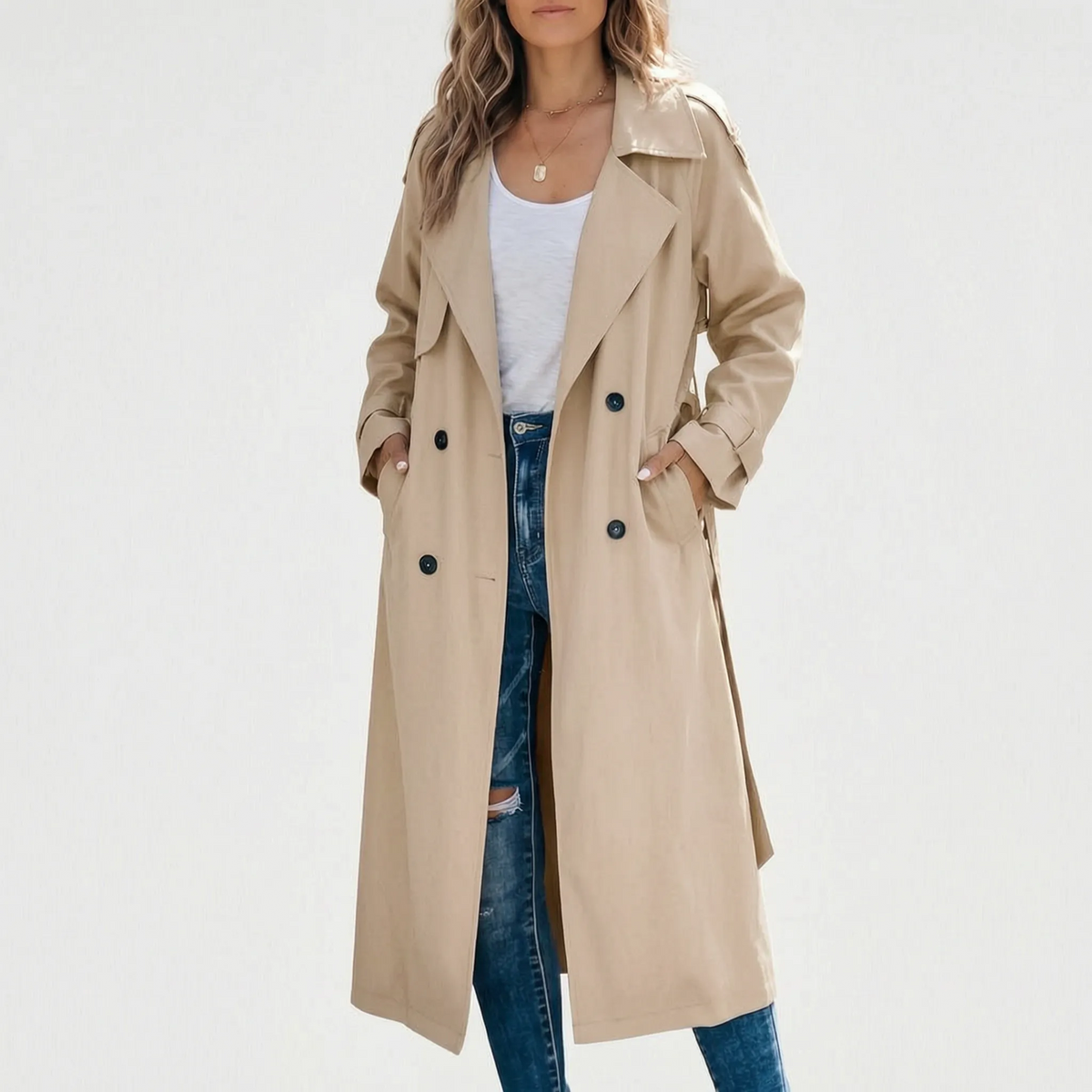 Averia - Long Double-Breasted Trench Coat Transitional Weather Layering