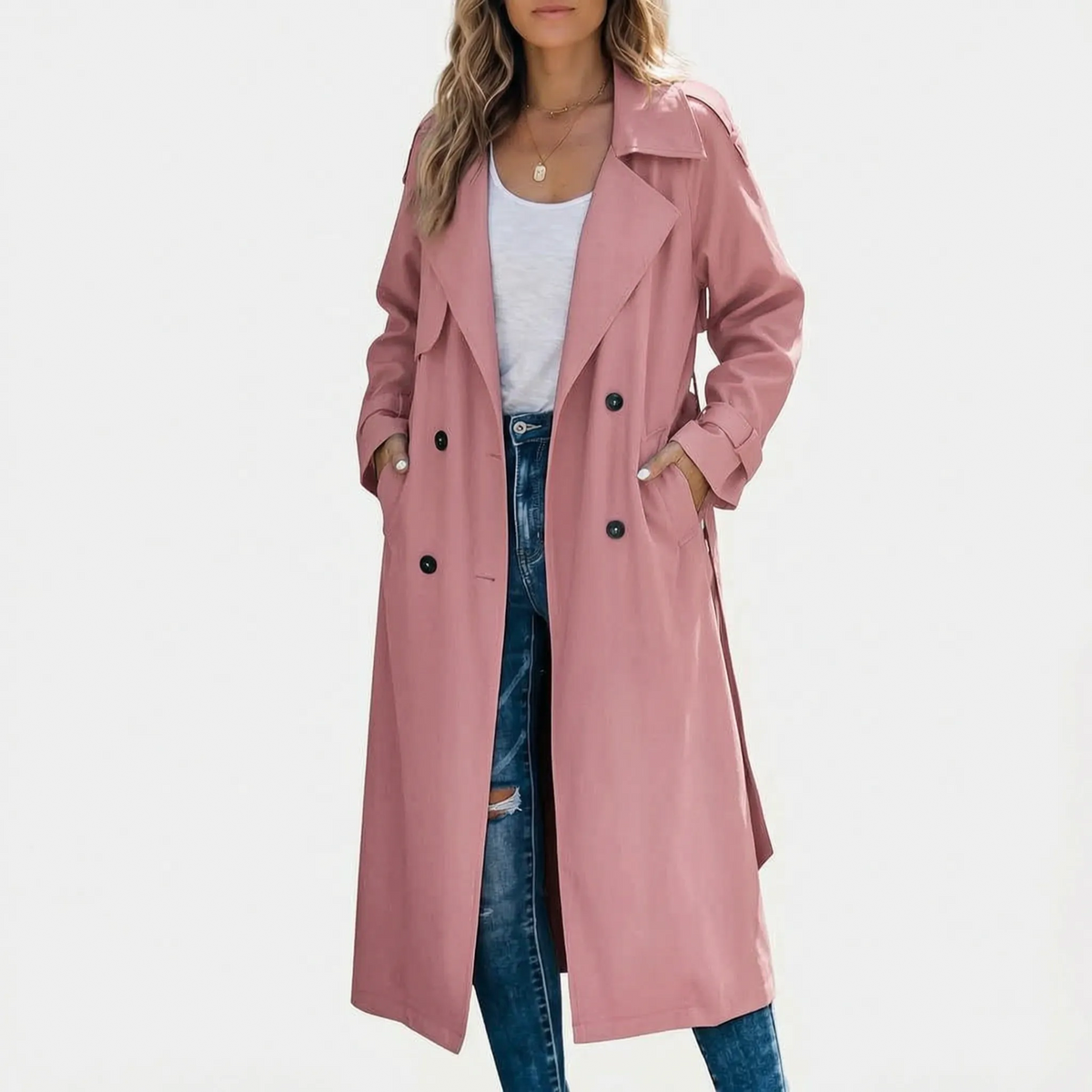 Averia - Long Double-Breasted Trench Coat Transitional Weather Layering