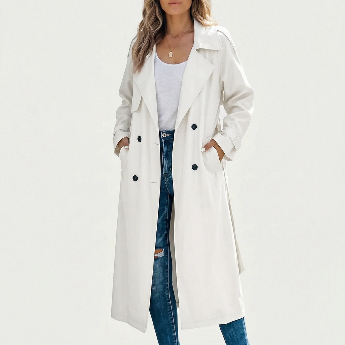 Averia - Long Double-Breasted Trench Coat Transitional Weather Layering