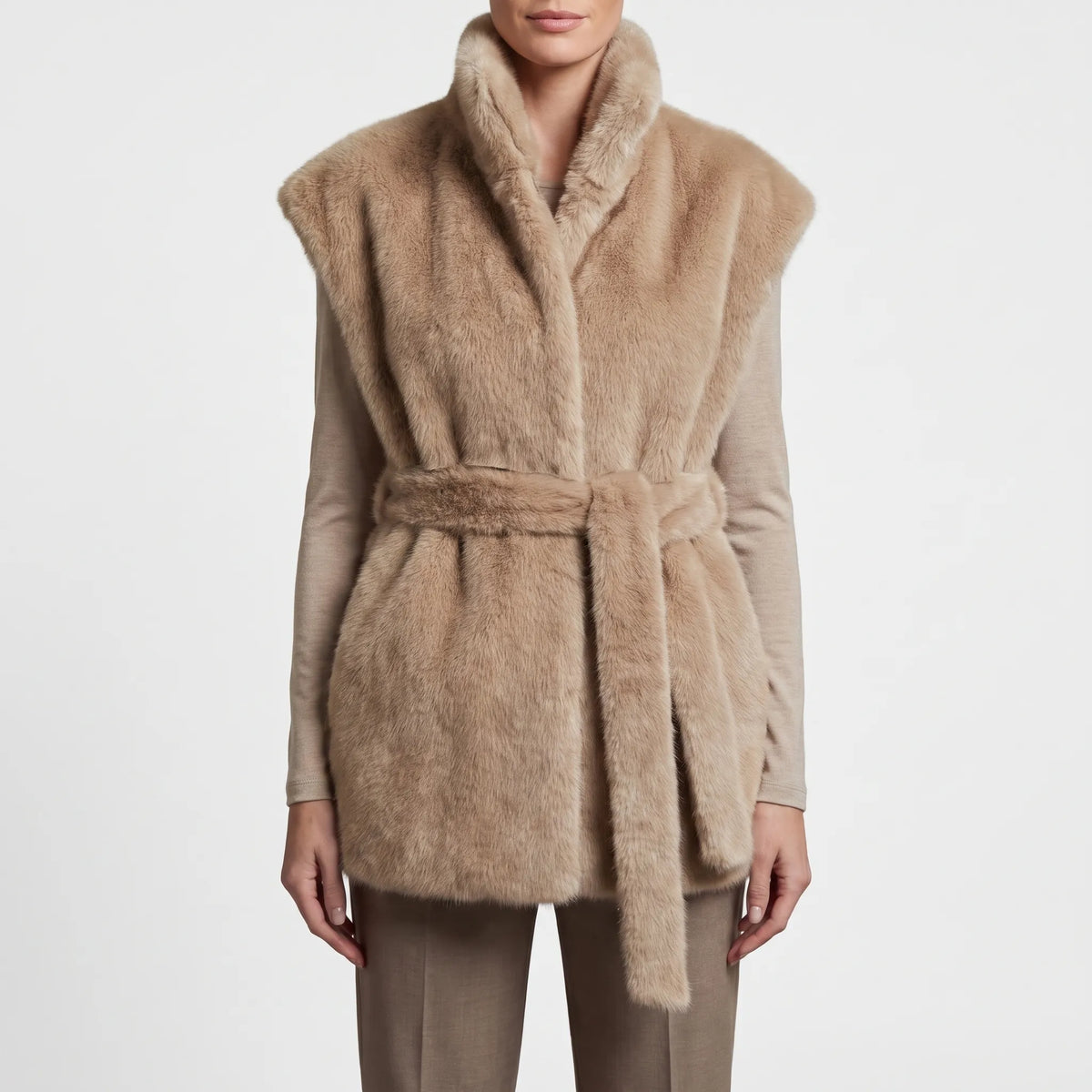 Calypta - Longline Textured Belted Gilet Transitional Weather Dressing