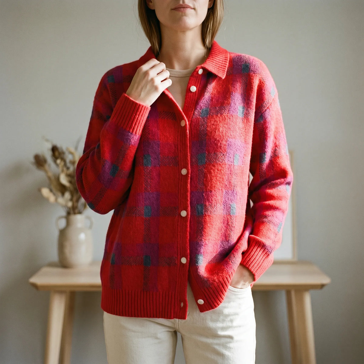 CheckLoom - Relaxed Fit Check Pattern Cardigan Layering On Chilly Days