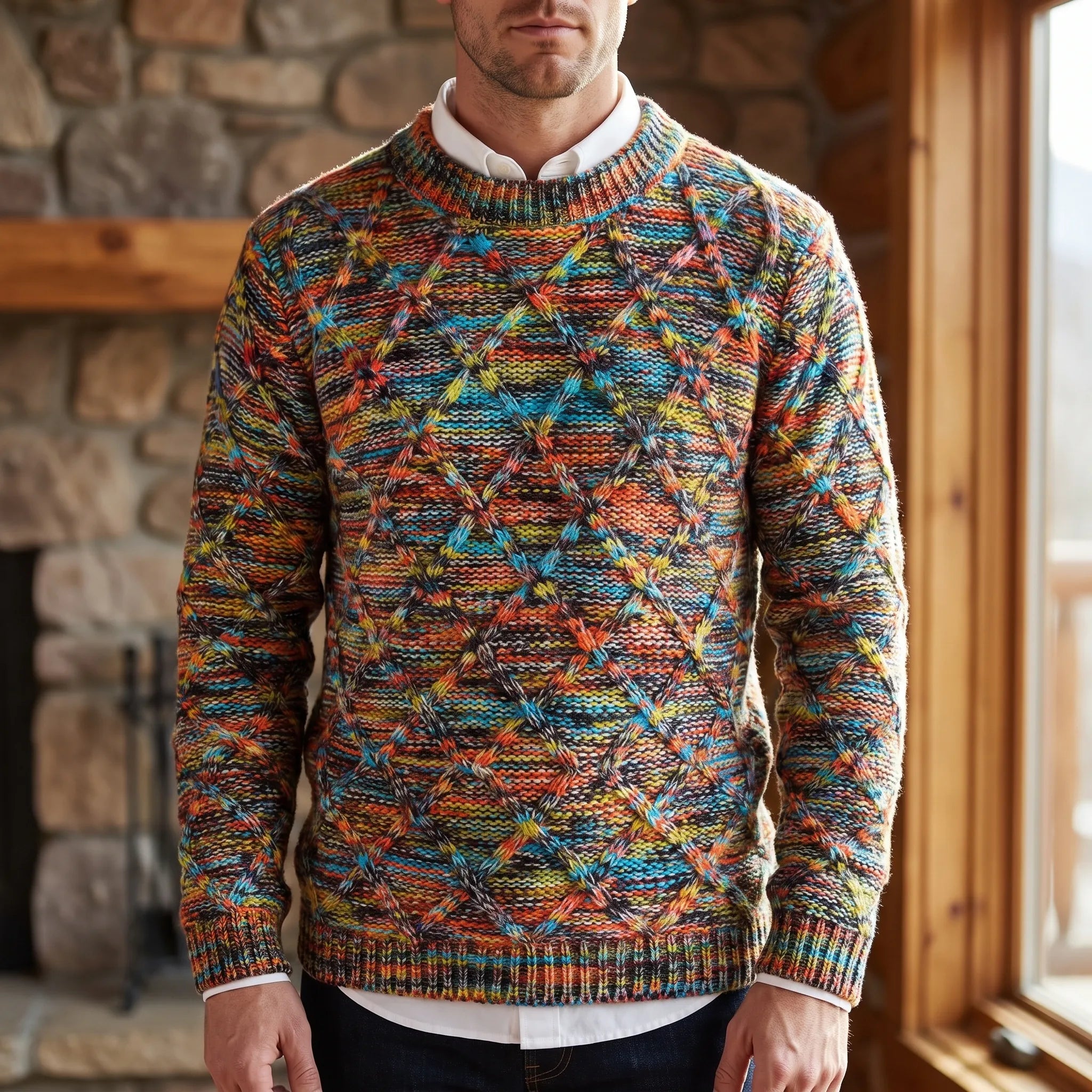 Cromati  - Multicoloured Textured Diamond Pattern Knitted Jumper Layering Over Shirts