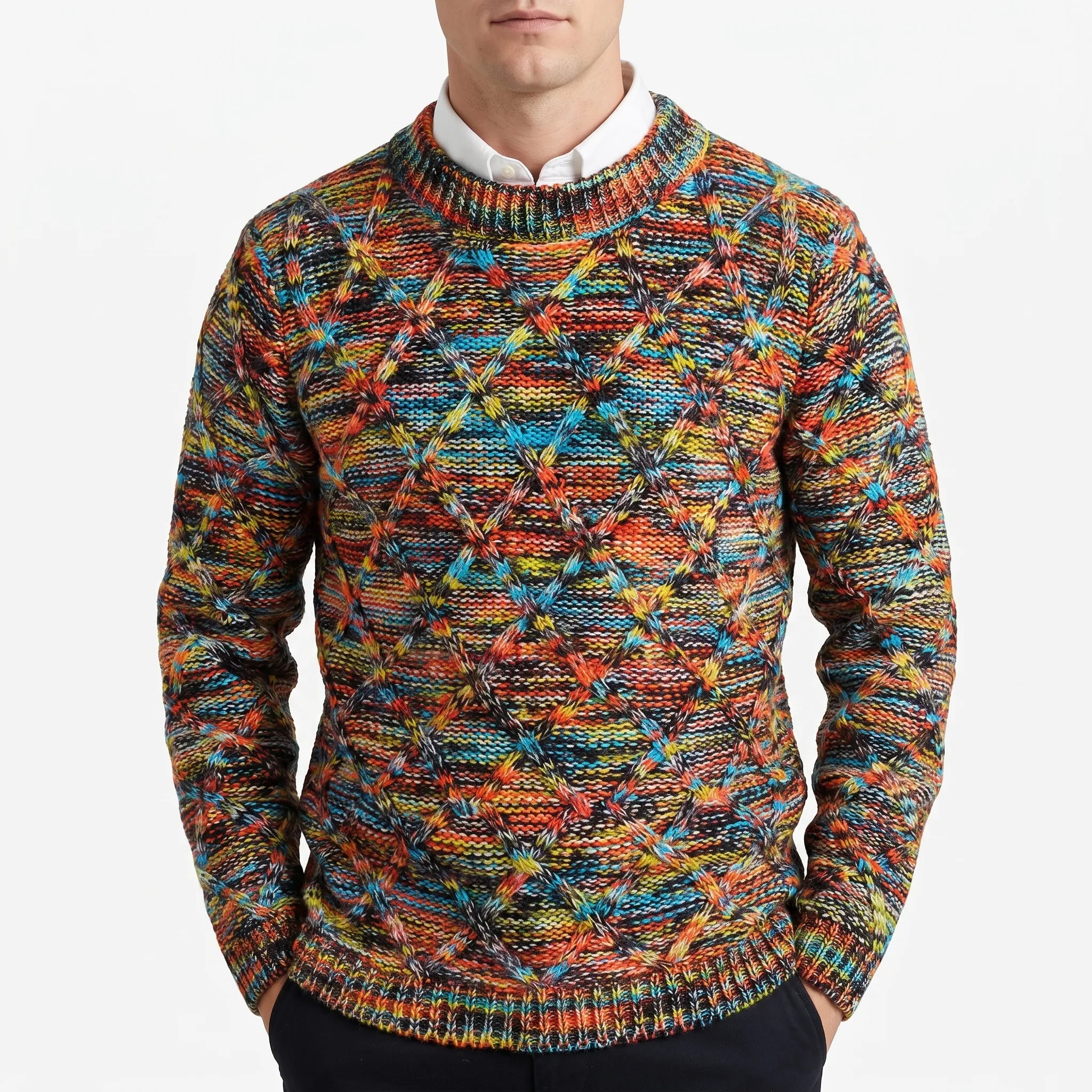Cromati  - Multicoloured Textured Diamond Pattern Knitted Jumper Layering Over Shirts
