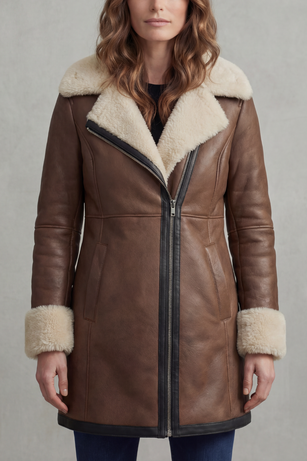 Leather Winter Coat With Shearling Collar for Women, Sizes S–2XL