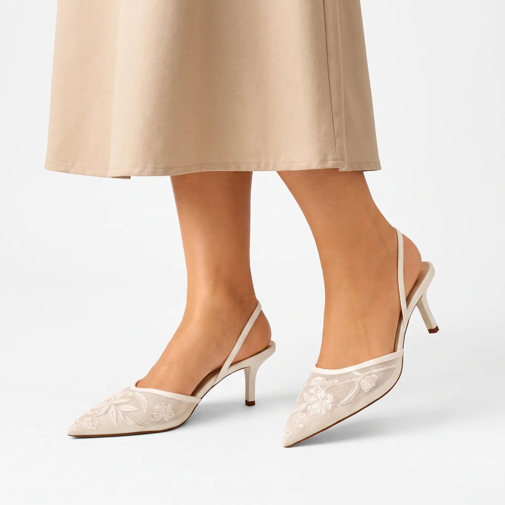 FleurMule - Embroidered Mesh Mule Heels Wedding Guest Outfits