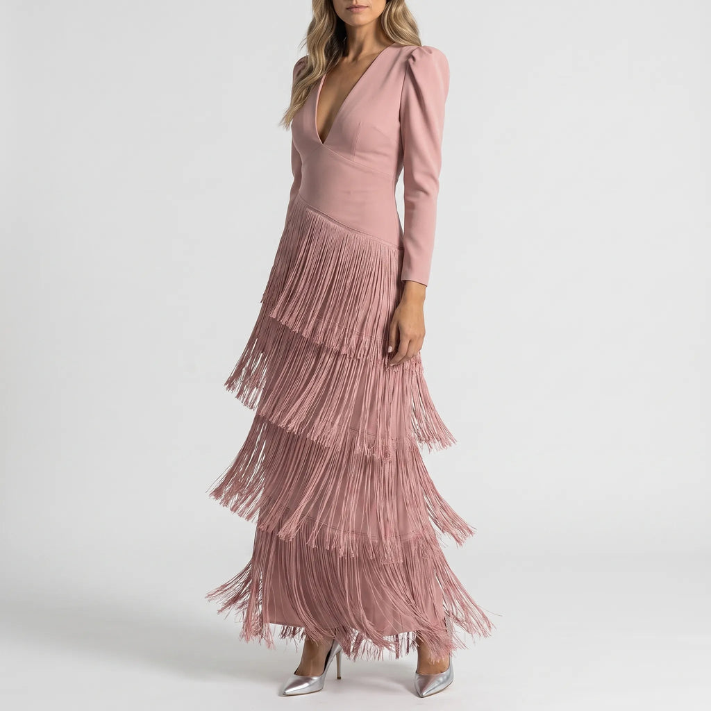 Fringella - Tiered Fringe Evening Dress Formal Gatherings