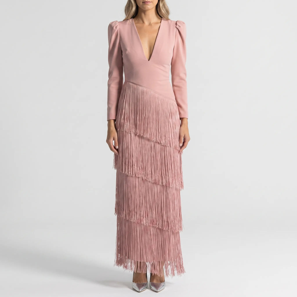Fringella - Tiered Fringe Evening Dress Formal Gatherings