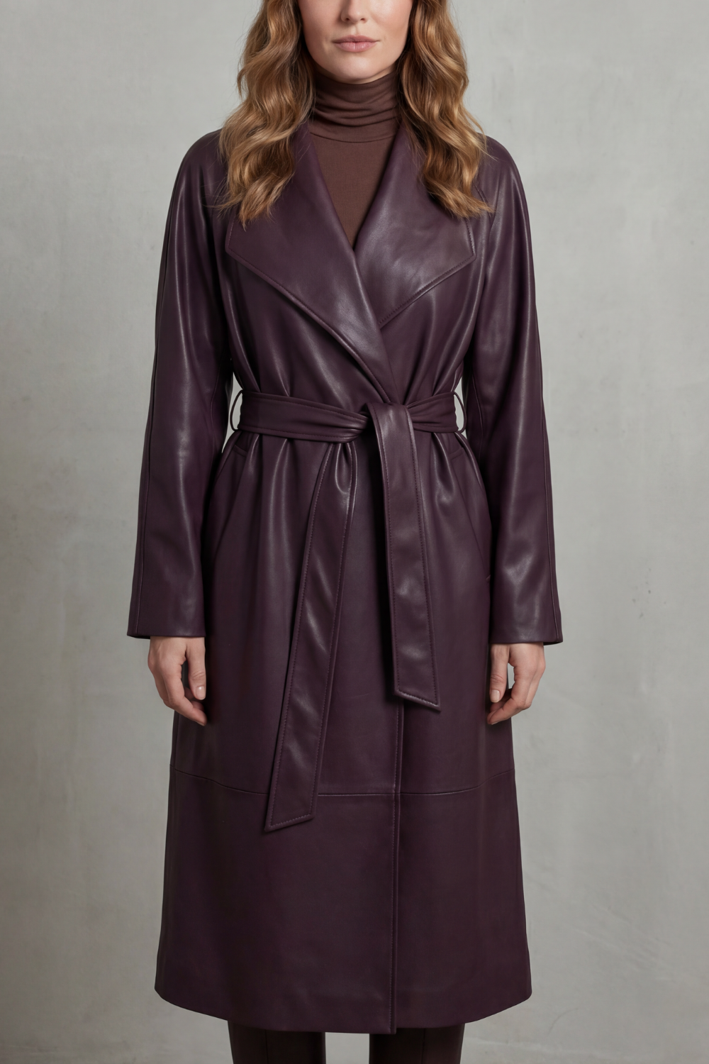 Faux Leather Trench Coat With Waist-Cinching Belted Design