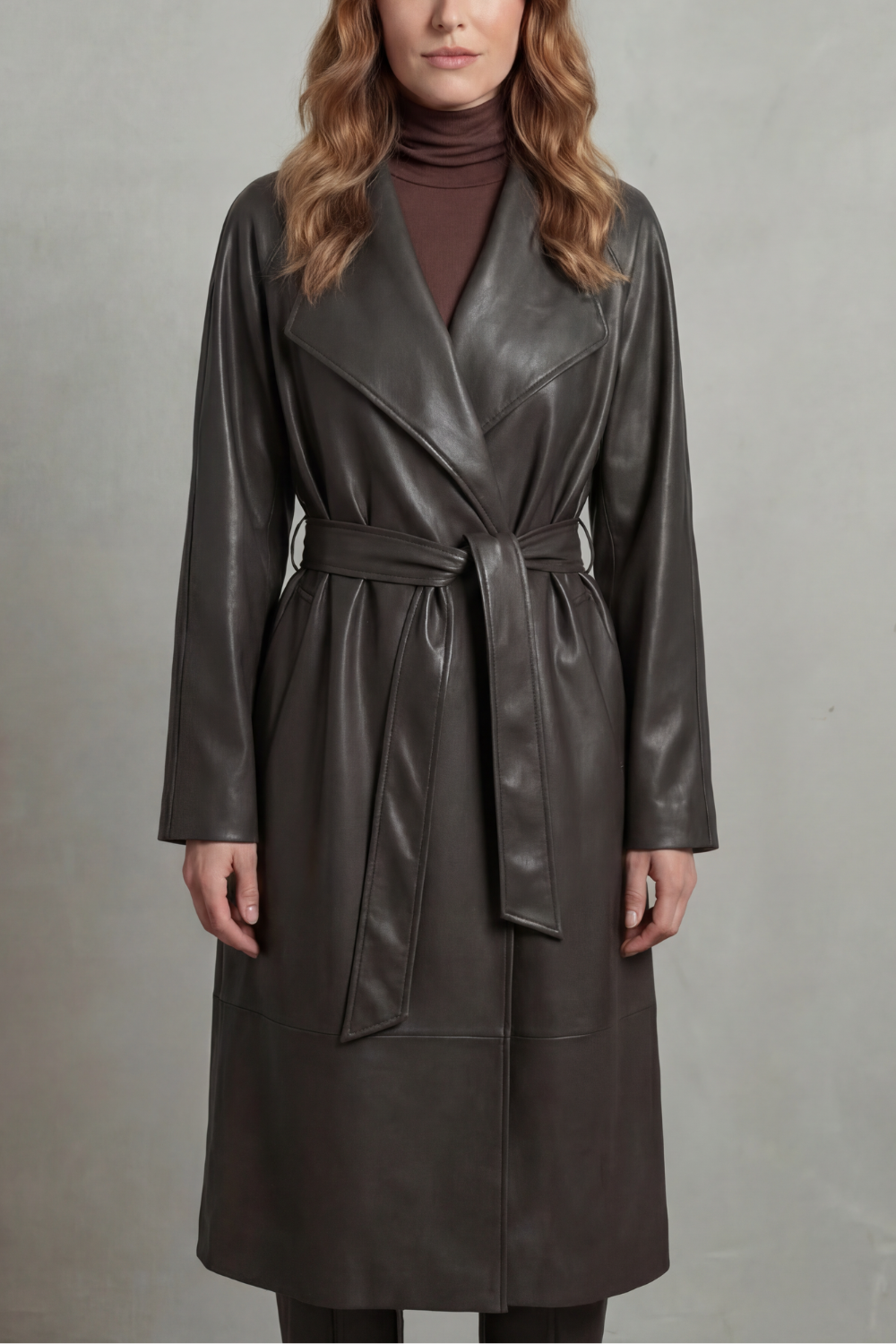 Faux Leather Trench Coat With Waist-Cinching Belted Design — view 7 of 8
