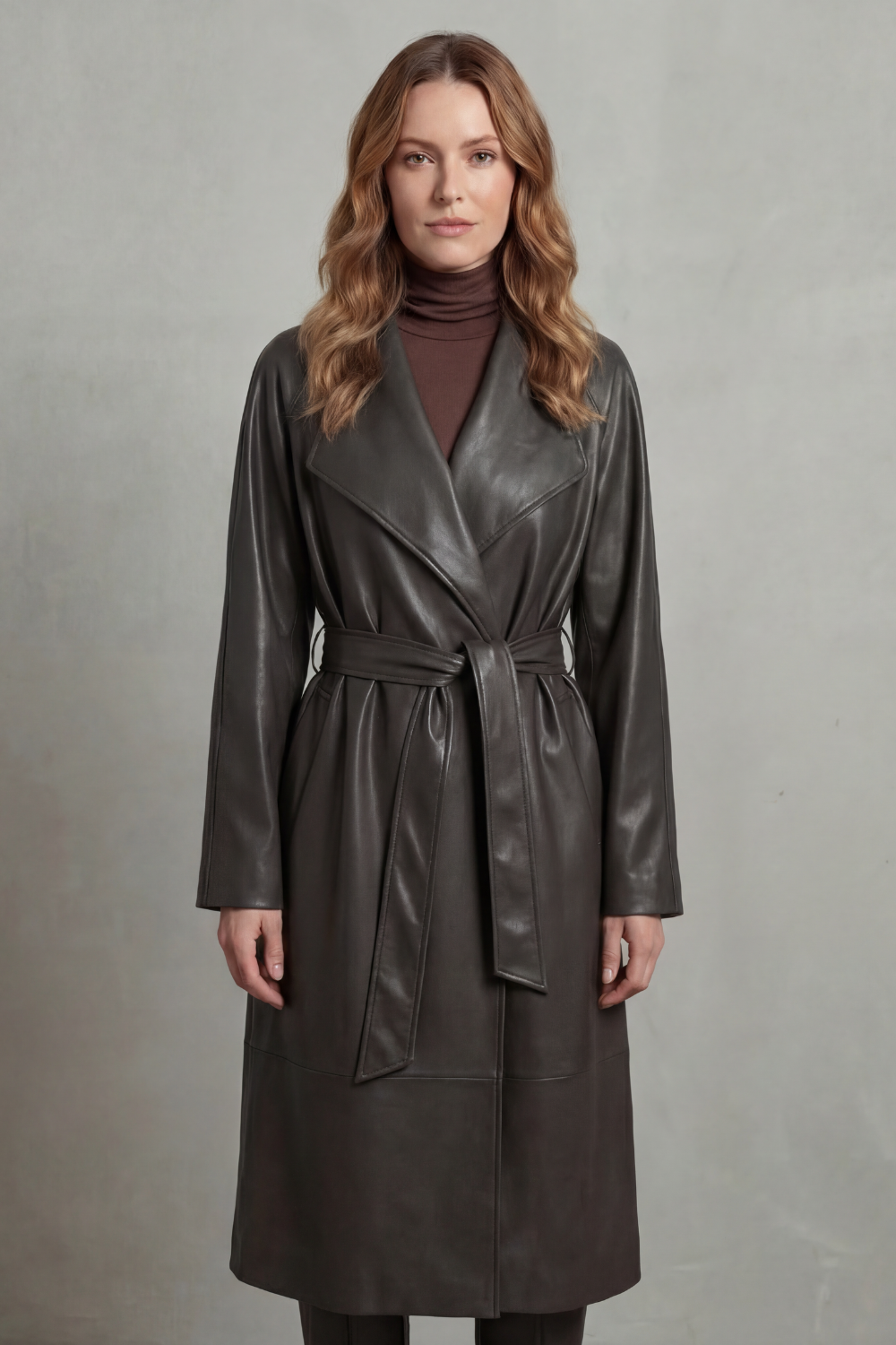 Faux Leather Trench Coat With Waist-Cinching Belted Design — view 8 of 8