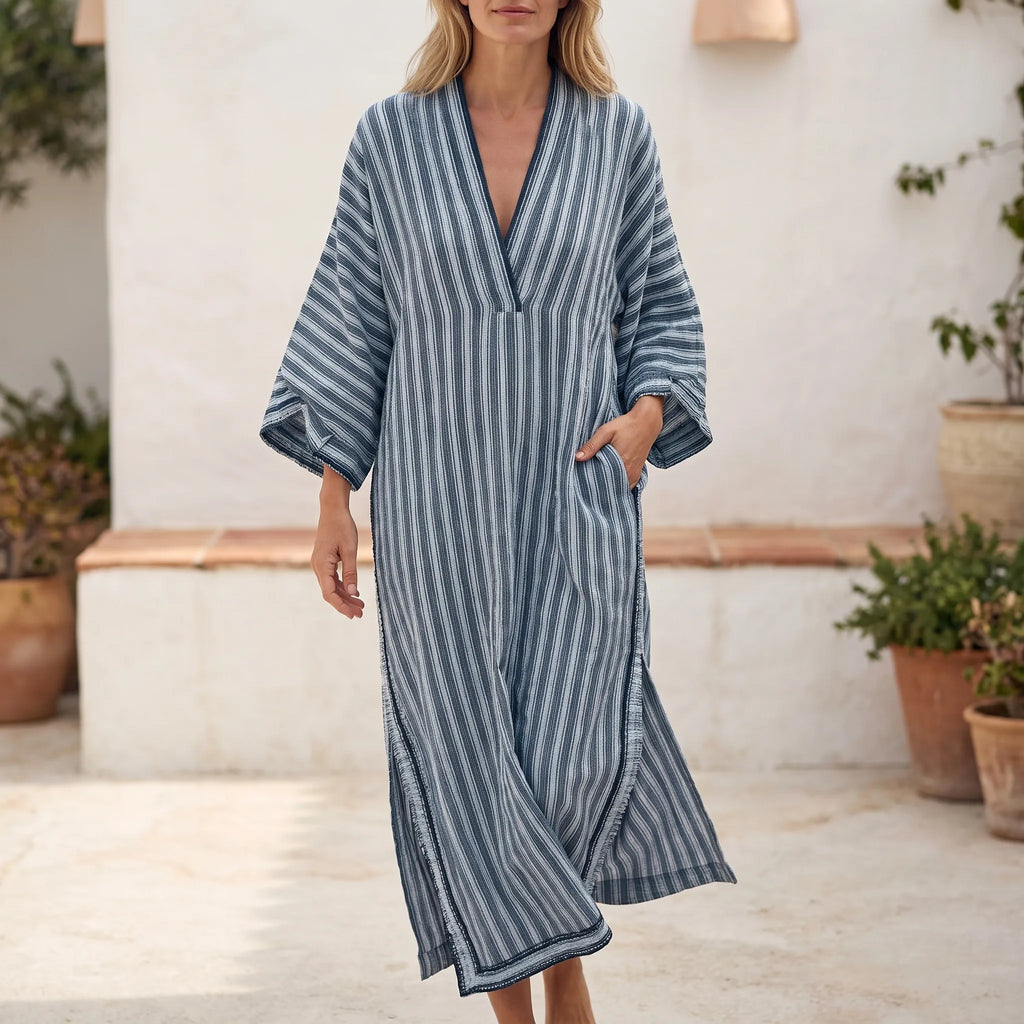 MedinaKaftan - Striped Long Kaftan Dress Beachside Lounging