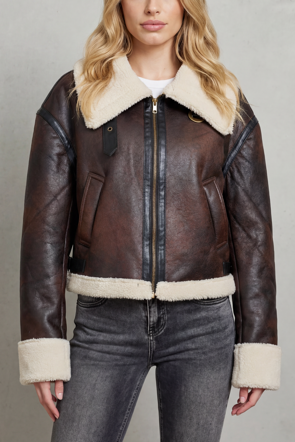 Cropped Aviator Jacket With Shearling Trim - Women's Brown Coat