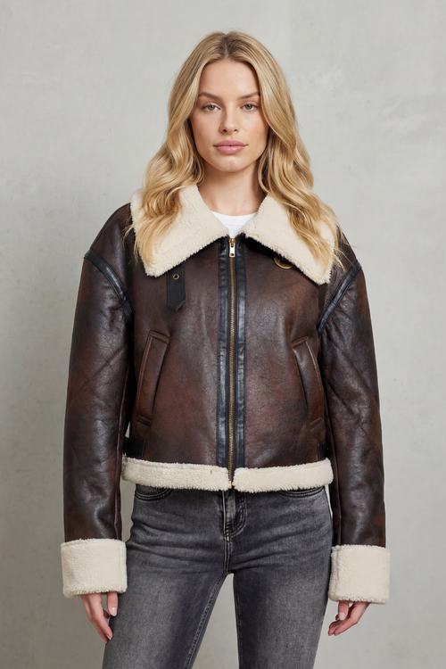 Cropped Aviator Jacket With Shearling Trim - Women's Brown Coat — view 2 of 4