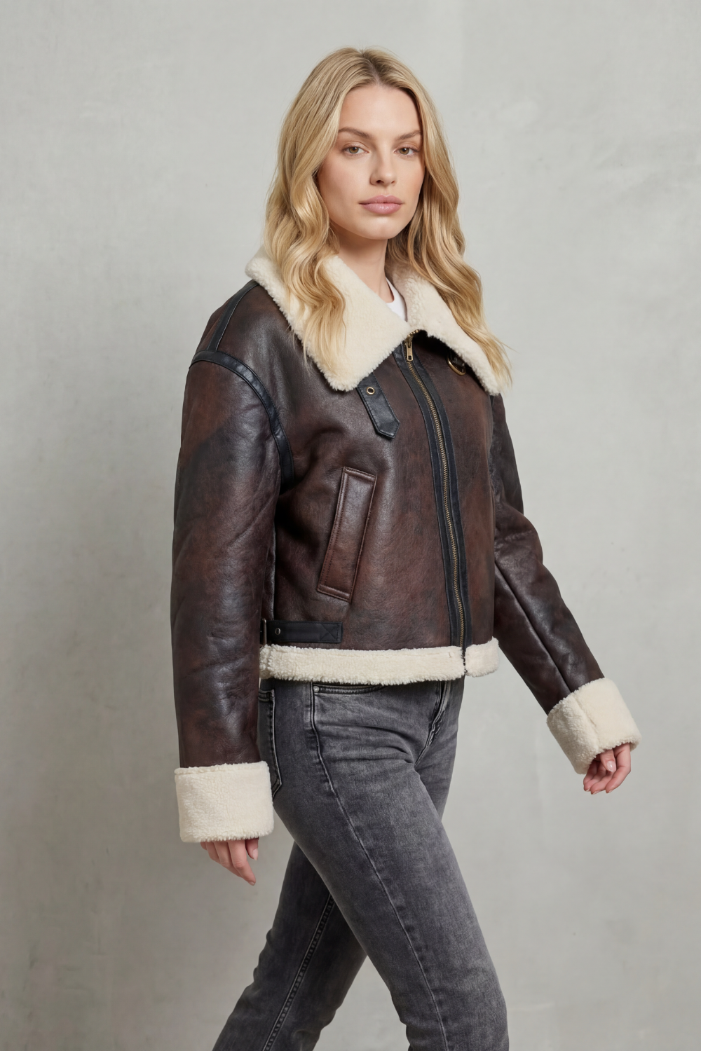 Cropped Aviator Jacket With Shearling Trim - Women's Brown Coat — view 3 of 4