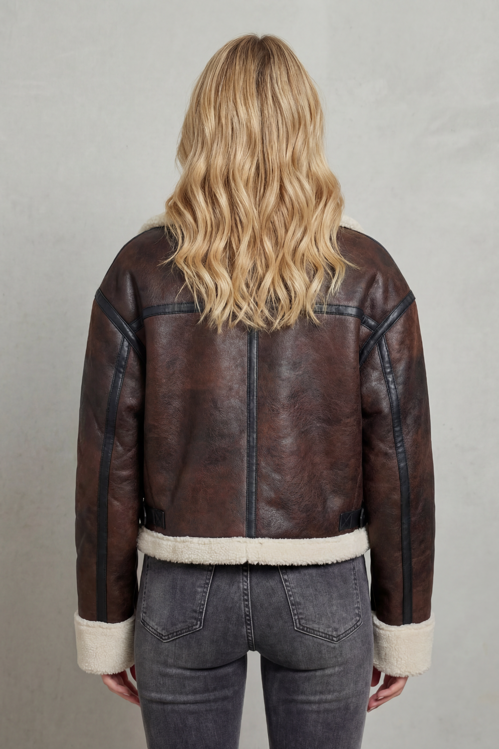 Cropped Aviator Jacket With Shearling Trim - Women's Brown Coat — view 4 of 4
