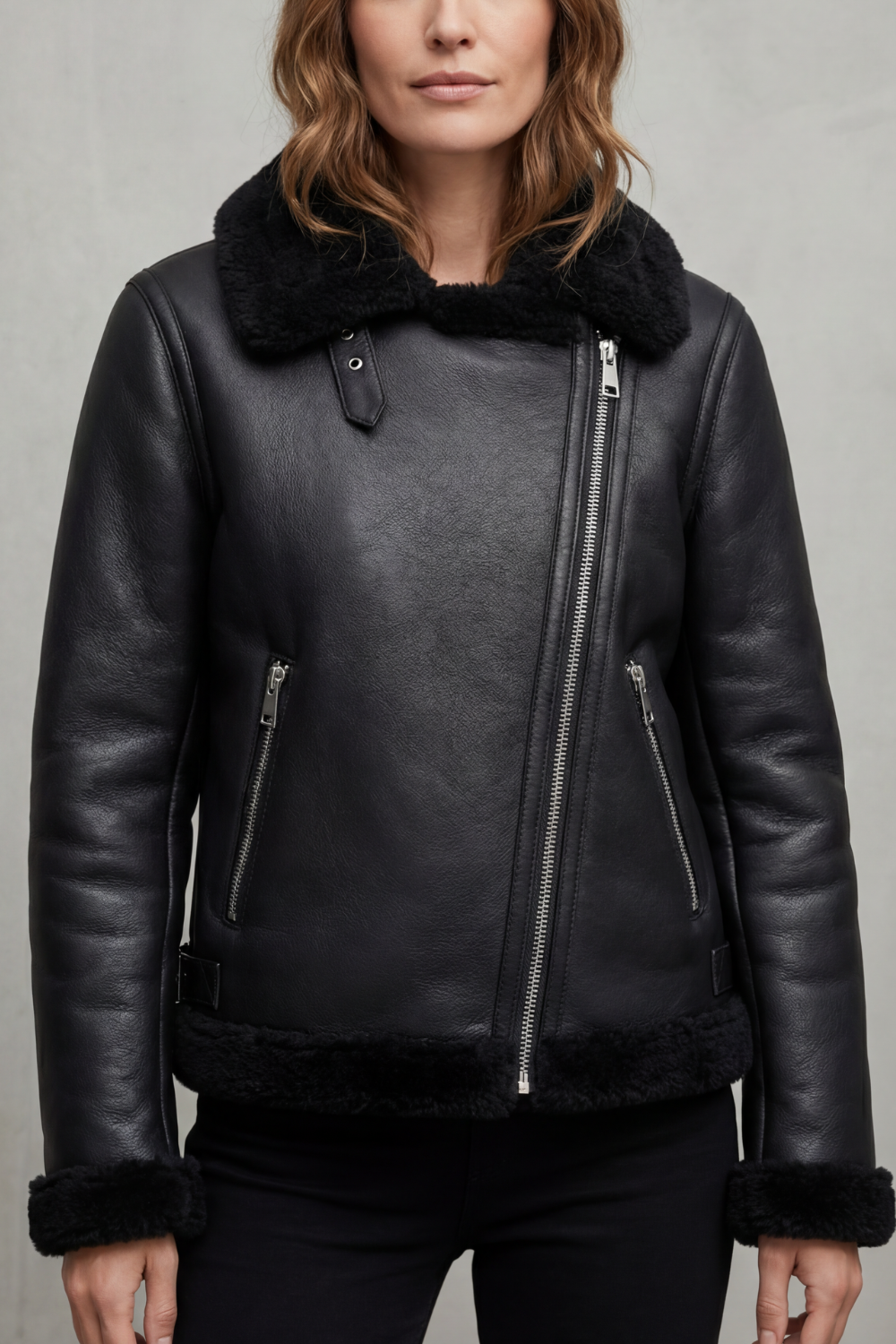 Shearling Biker Jacket Women's Asymmetrical Zip Coat in Black