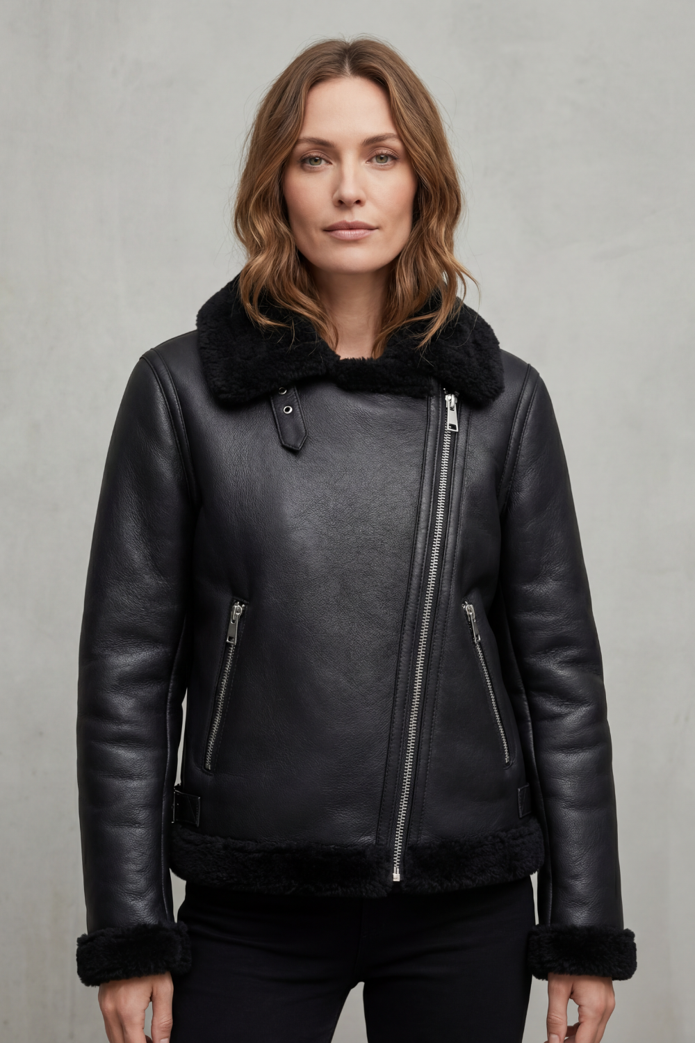 Shearling Biker Jacket Women's Asymmetrical Zip Coat in Black — view 2 of 4