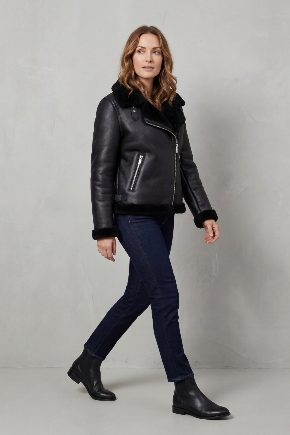 Shearling Biker Jacket Women's Asymmetrical Zip Coat in Black — view 3 of 4