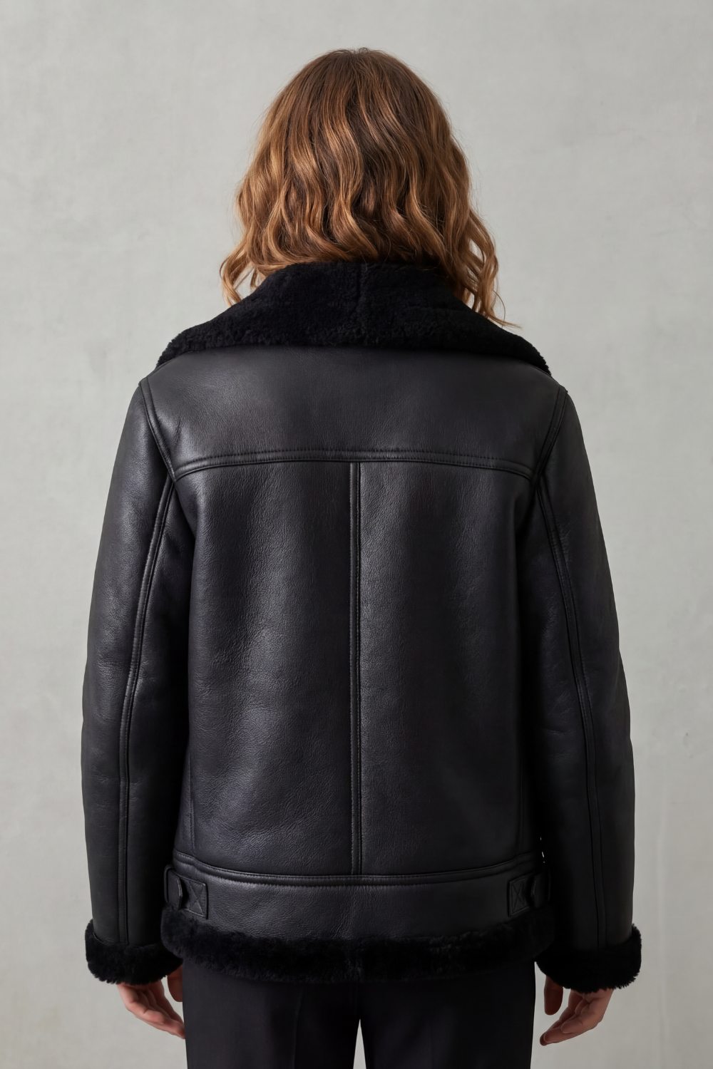 Shearling Biker Jacket Women's Asymmetrical Zip Coat in Black — view 4 of 4
