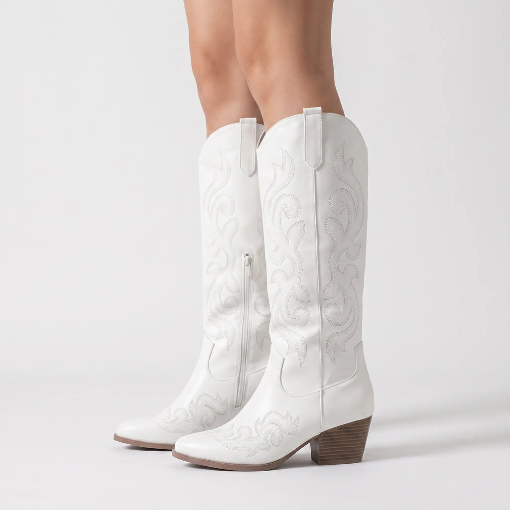 PrairieStride - Pointed-Toe Knee-High Cowboy Boots Festival Styling