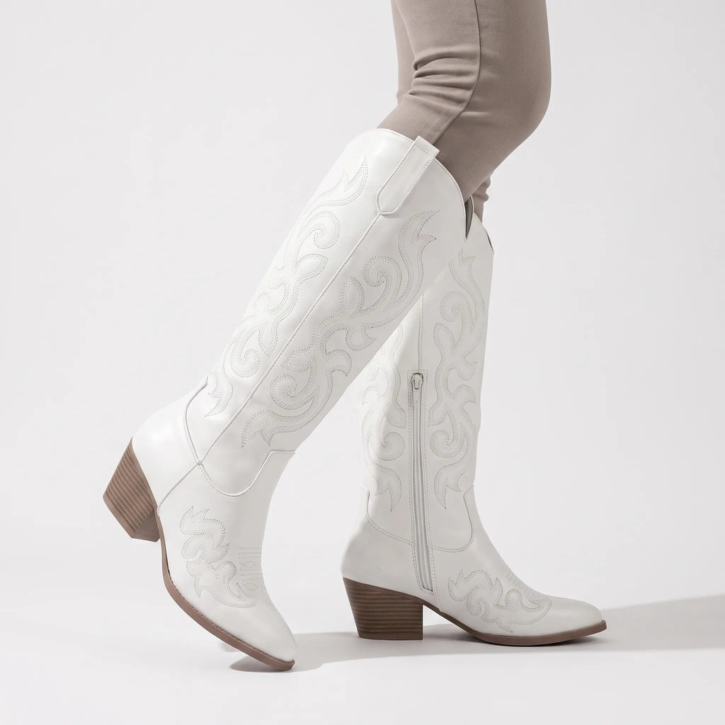 PrairieStride - Pointed-Toe Knee-High Cowboy Boots Festival Styling