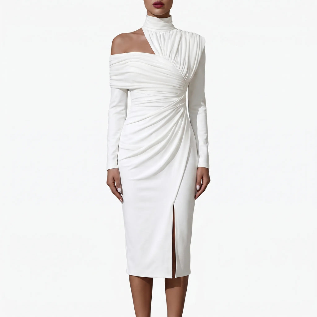 Ruchella - Asymmetric Ruched Midi Dress Cocktail Parties