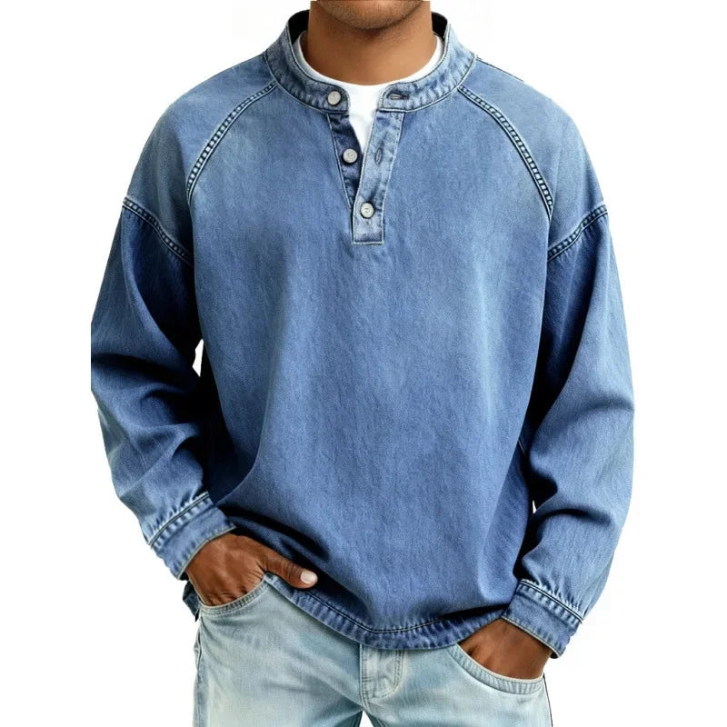 Verrin - Denim-Look Henley Shirt Casual Everyday Wear