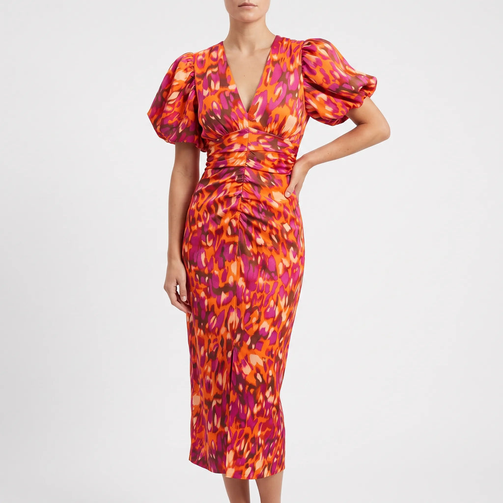 Sculptura - V-Neck Puff Sleeve Midi Dress Wedding Guest Attire